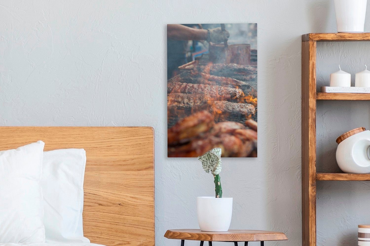 OneMillionCanvasses® Leinwandbild Grillen von Fleisch (1 St), Leinwandbild Gemälde, dem inkl. bespannt Grill, cm 20x30 fertig auf Zackenaufhänger