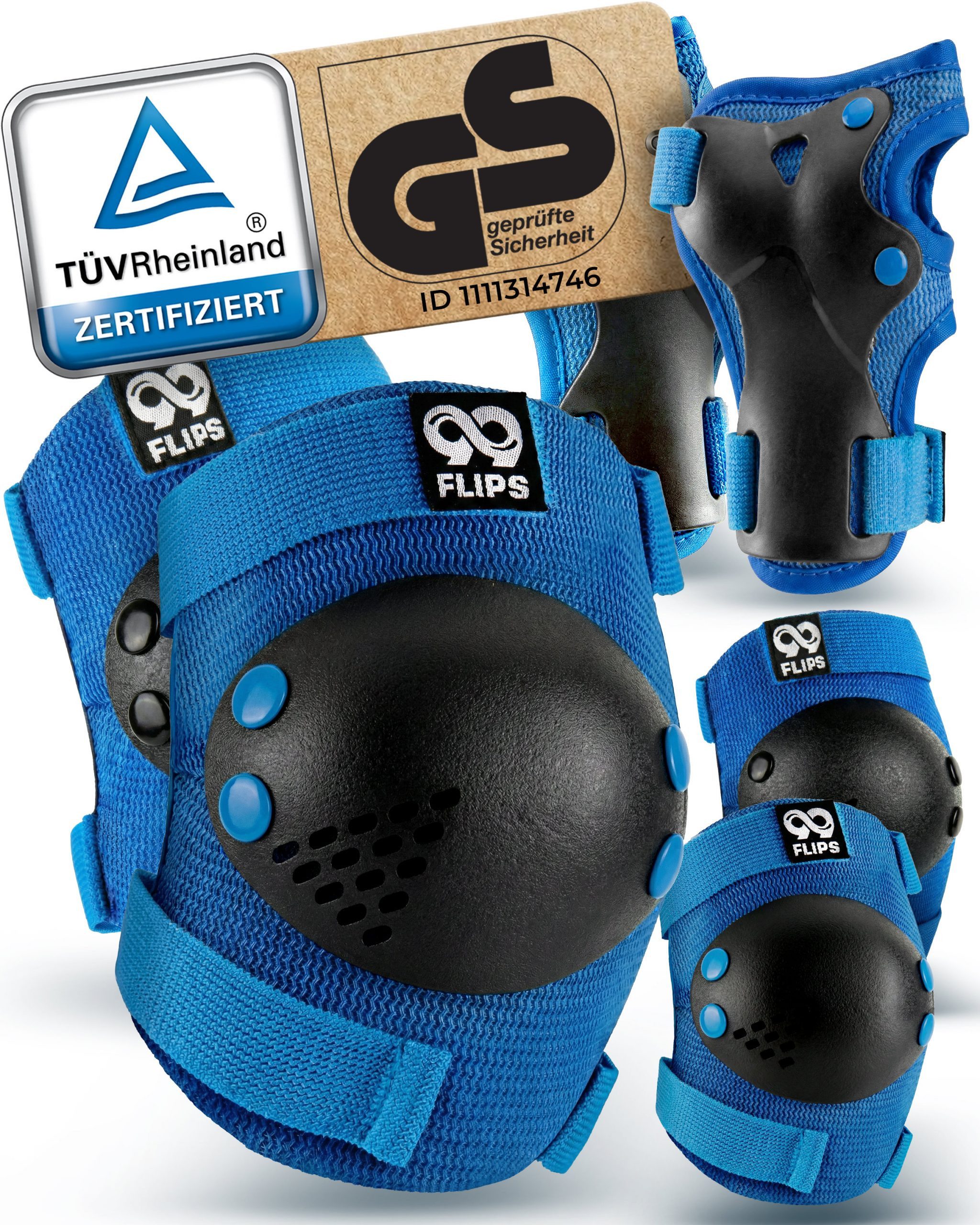 99FLIPS Protektoren-Set RISE Schoner Set Kinder für Skateboard und Inline Skaten (Inliner Schützer Set Kinder, 7-tlg., Inliner Schoner Knie-, Ellenbogen und Handgelenkschützer & Tragebeutel), Deutsche Marke