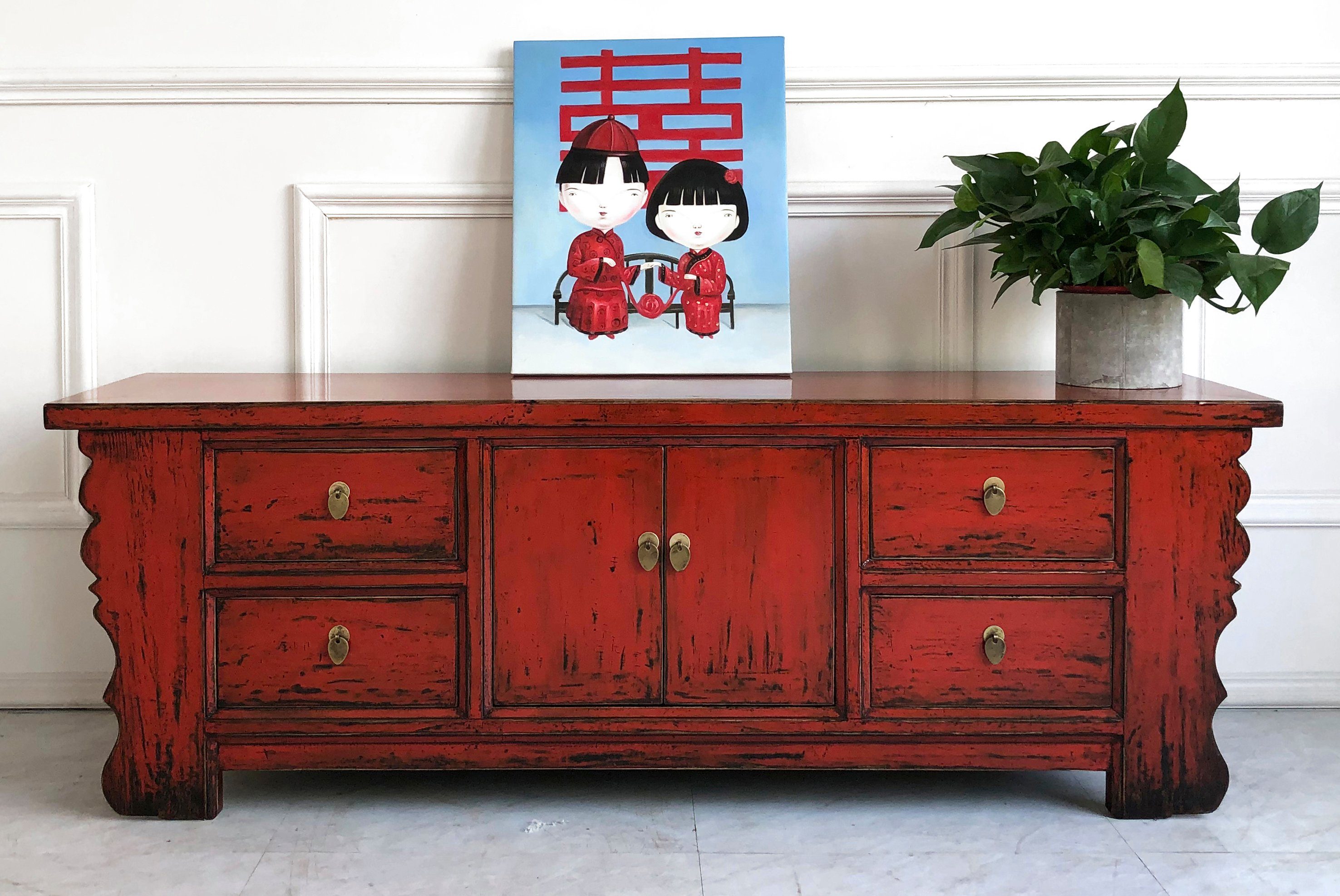 OPIUM OUTLET Lowboard Kommode Sideboard Schrank Asia Möbel (Breite x Tiefe x Höhe: 177 x 45 x 60 cm, komplett montiert, Vintage Landhaus-Stil), rot, chinesisch asiatisch orientalisch