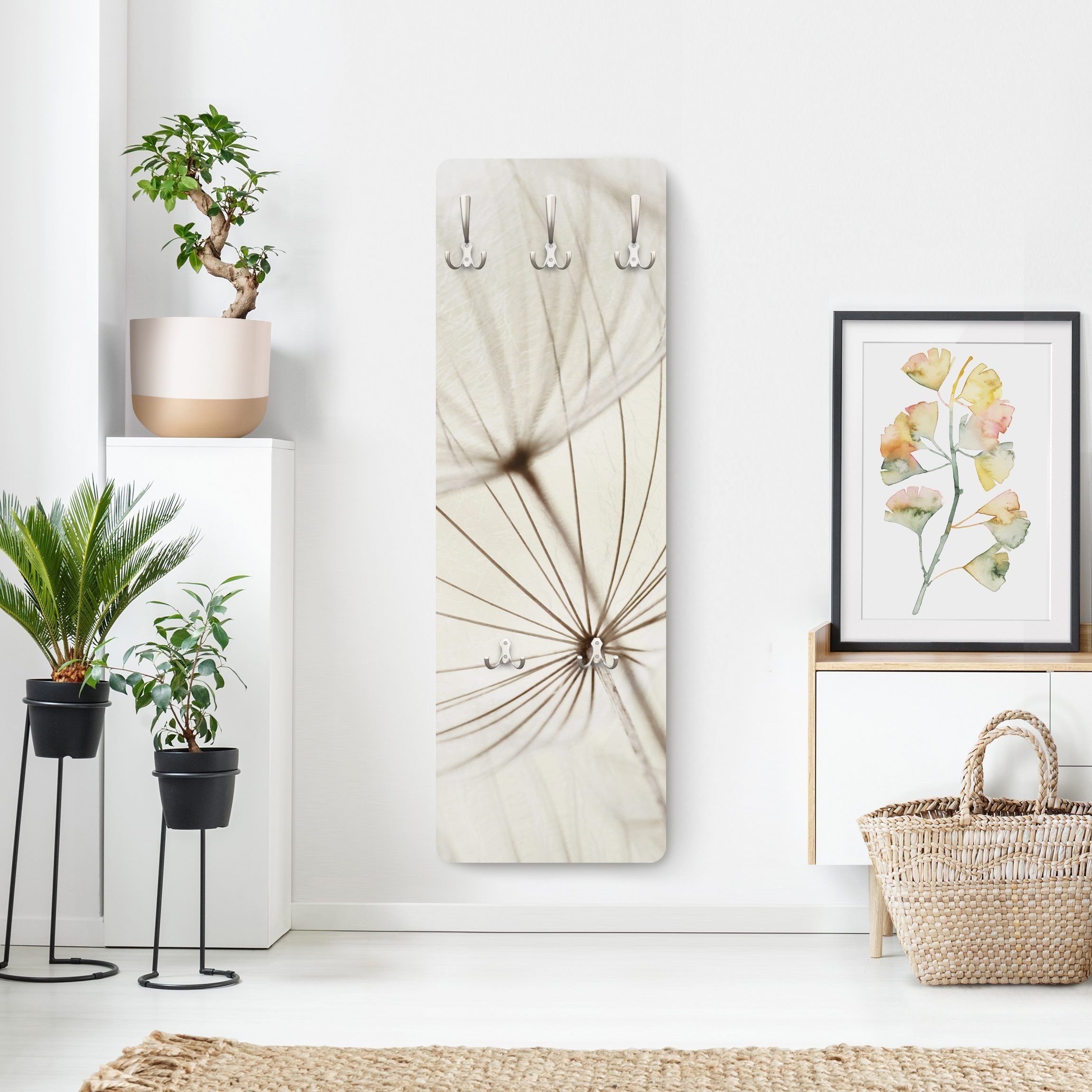 Bilderdepot24 Garderobenpaneel weiss Botanik Retro Vintage Blumen Floral Landhaus Sanfte Gräser (ausgefallenes Flur Wandpaneel mit Garderobenhaken Kleiderhaken hängend), moderne Wandgarderobe - Flurgarderobe im schmalen Hakenpaneel Design