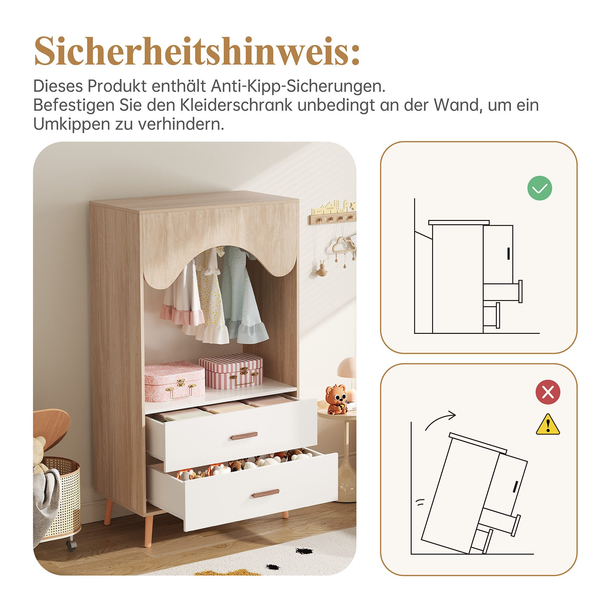 Flieks Kleiderschrank Kinderkleiderschrank mit Kleiderstange und Schubladen 80×46×141.5cm