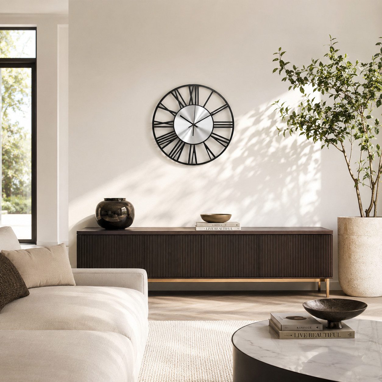 K&L Wall Art Wanduhr industrielle Metalluhr ohne Tick-Geräusche Silber Wanduhr Küchenuhr (leises Quartz Uhrwerk)