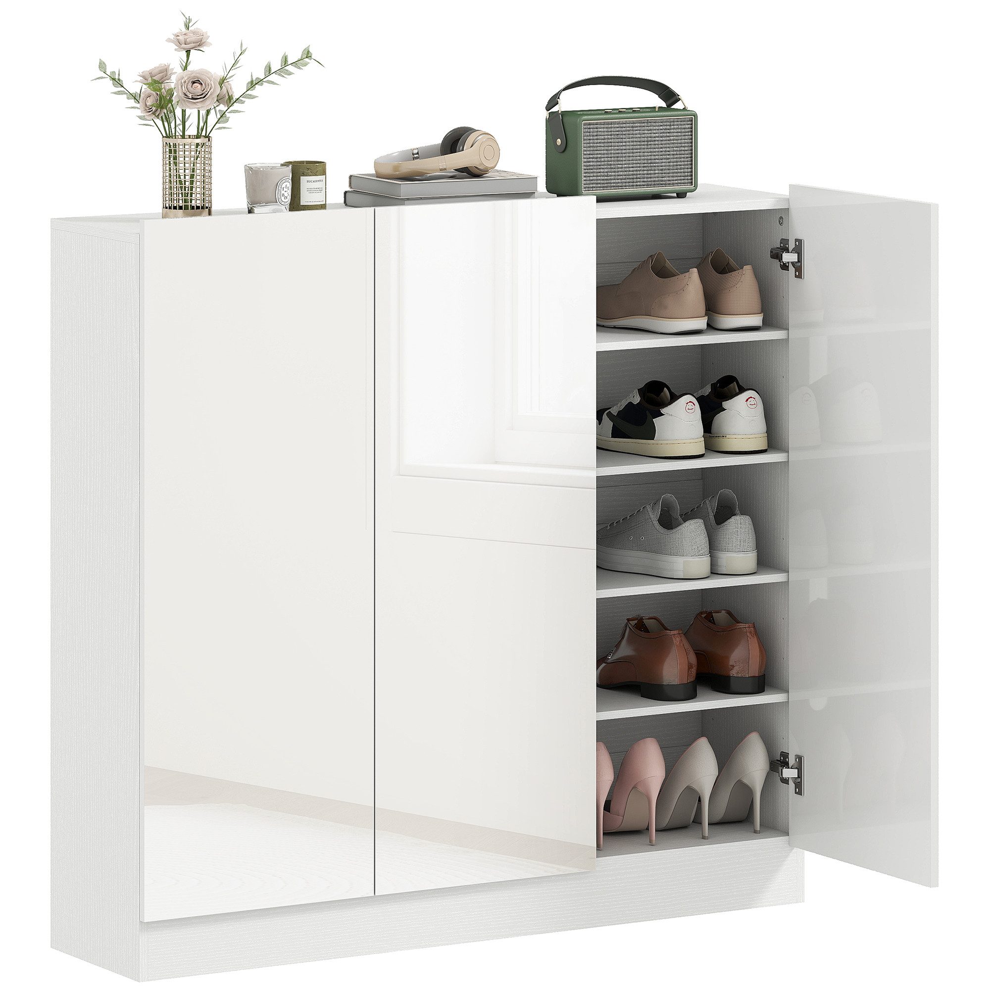 HOMCOM Schuhschrank Schuhregal mit Belüftungslöchern, Hochglanztüren (Schuhkommode, 1-St., Schuhaufbewahrung) verstellbare Regale, Weiß – Bild 2 von 5