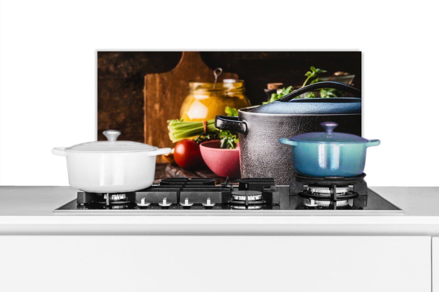 MuchoWow Küchenrückwand Rustikal - Stilleben - Pfanne - Gemüse, (1-tlg), 60x30 cm, Wandschutz, gegen Fett und Schmutzflecken für Küchen