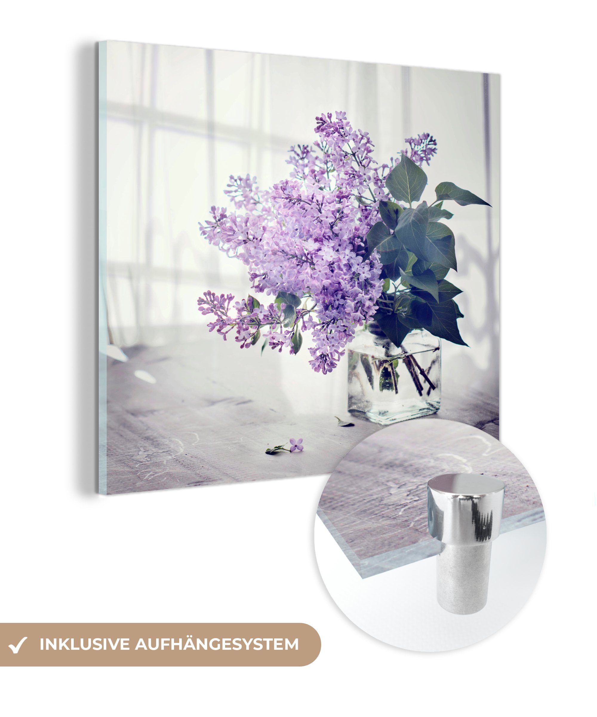 Bilder einer Vase, Acrylglasbild Wandbild - St), MuchoWow - Flieder Glas Glas Wanddekoration auf Glasbilder auf Foto - (1 in