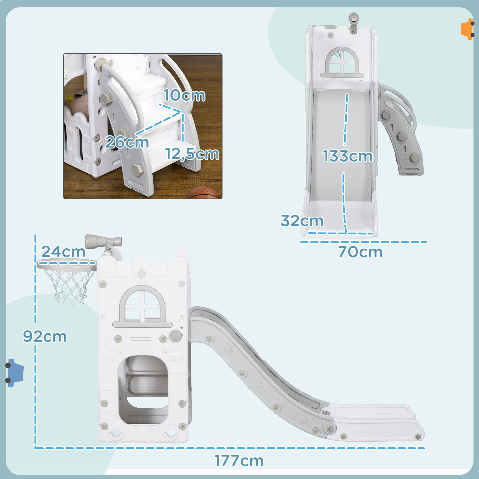 AIYAPLAY Rutsche Kinder 7-in-1 Klettergerüst mit Basketballkorb, (Gartenrutsche, 1-tlg., Babyrutsche), für Kinder 1-3 Jahre, Grau