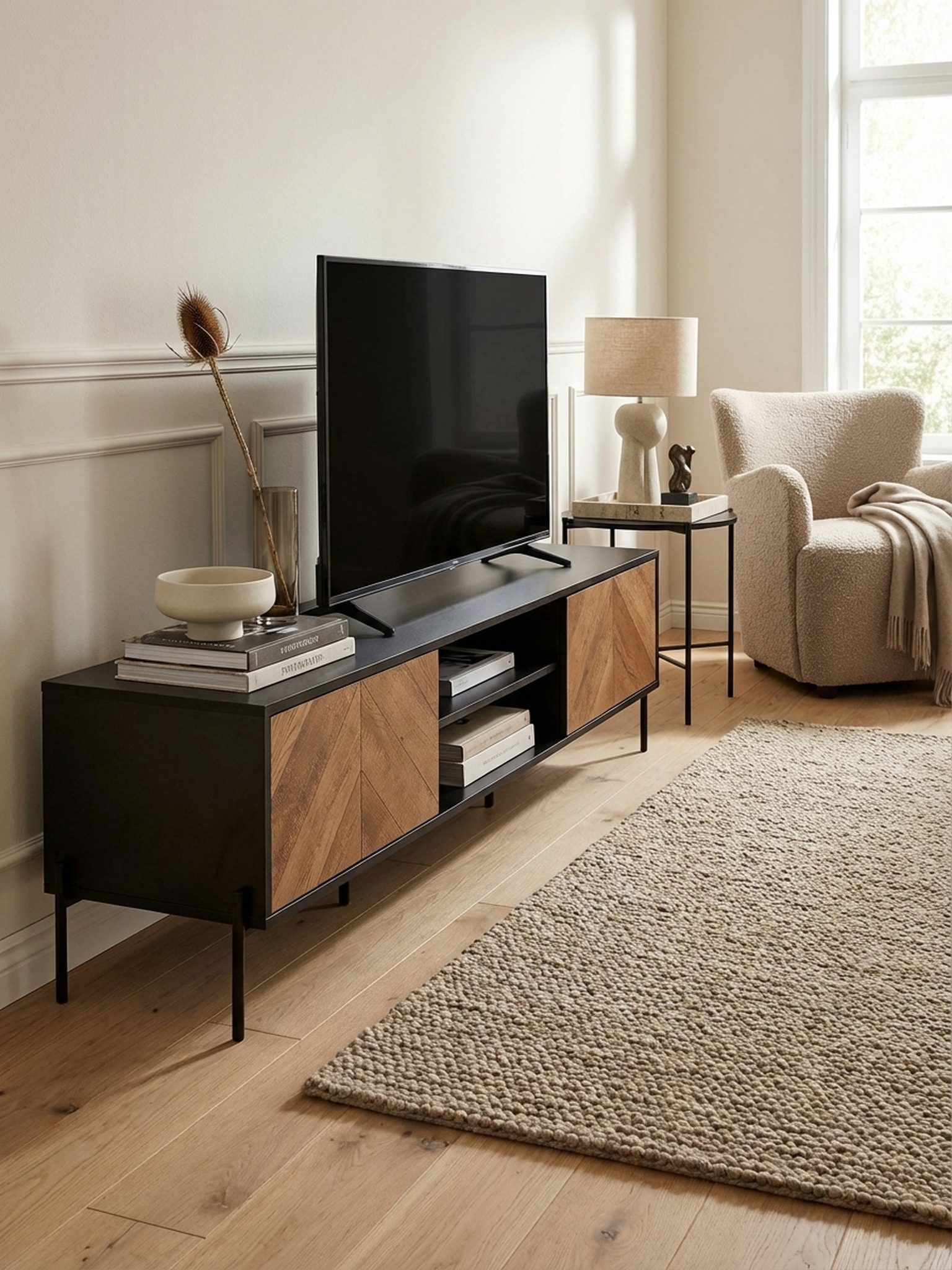 KADIMA DESIGN Lowboard Lowboard Holz Schwarz / Eiche-Dekor 163x45x40 cm TV-Kommode mit zwei (Fernsehkommode Wohnzimmer), Türen, Design TV-Schrank Hoch, Fernsehtisch Fernsehschrank Modern