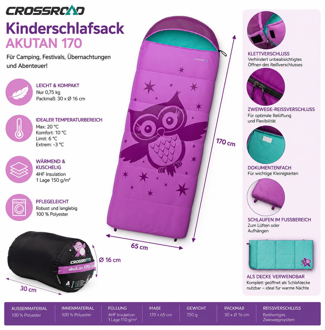 Crossroad Mumienschlafsack Crossroad Akutan Deckenschlafsack Mädchen Schlafsack pink EULE