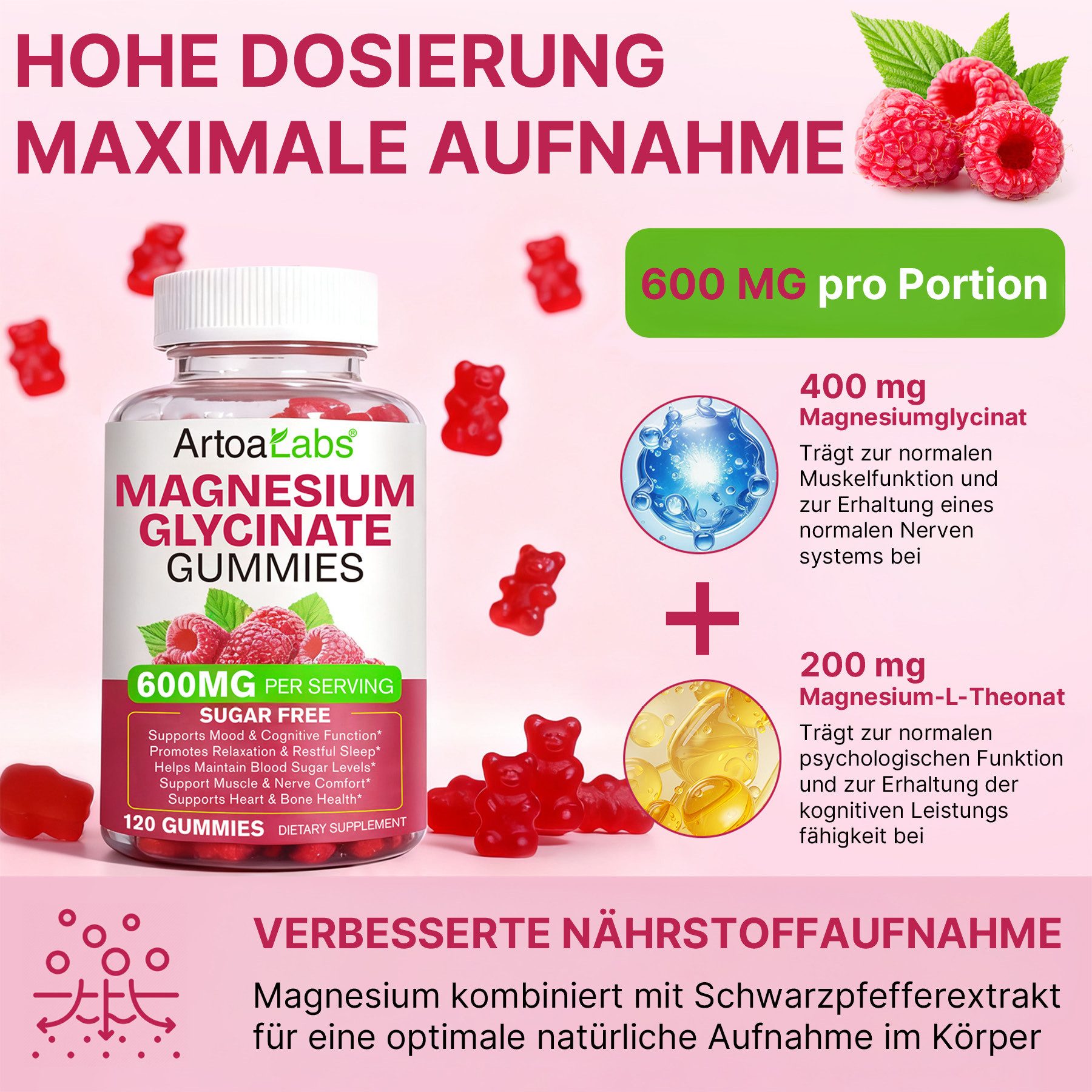 P-Beauty Cosmetic Accessories Magnesium Glycinat Gummis 600 mg Hochdosiert für Entspannung Superfood, Herz, Knochen, Vegan, Gesundheit, Superfood, Herz, Knochen, Vegan, Gesundheit
