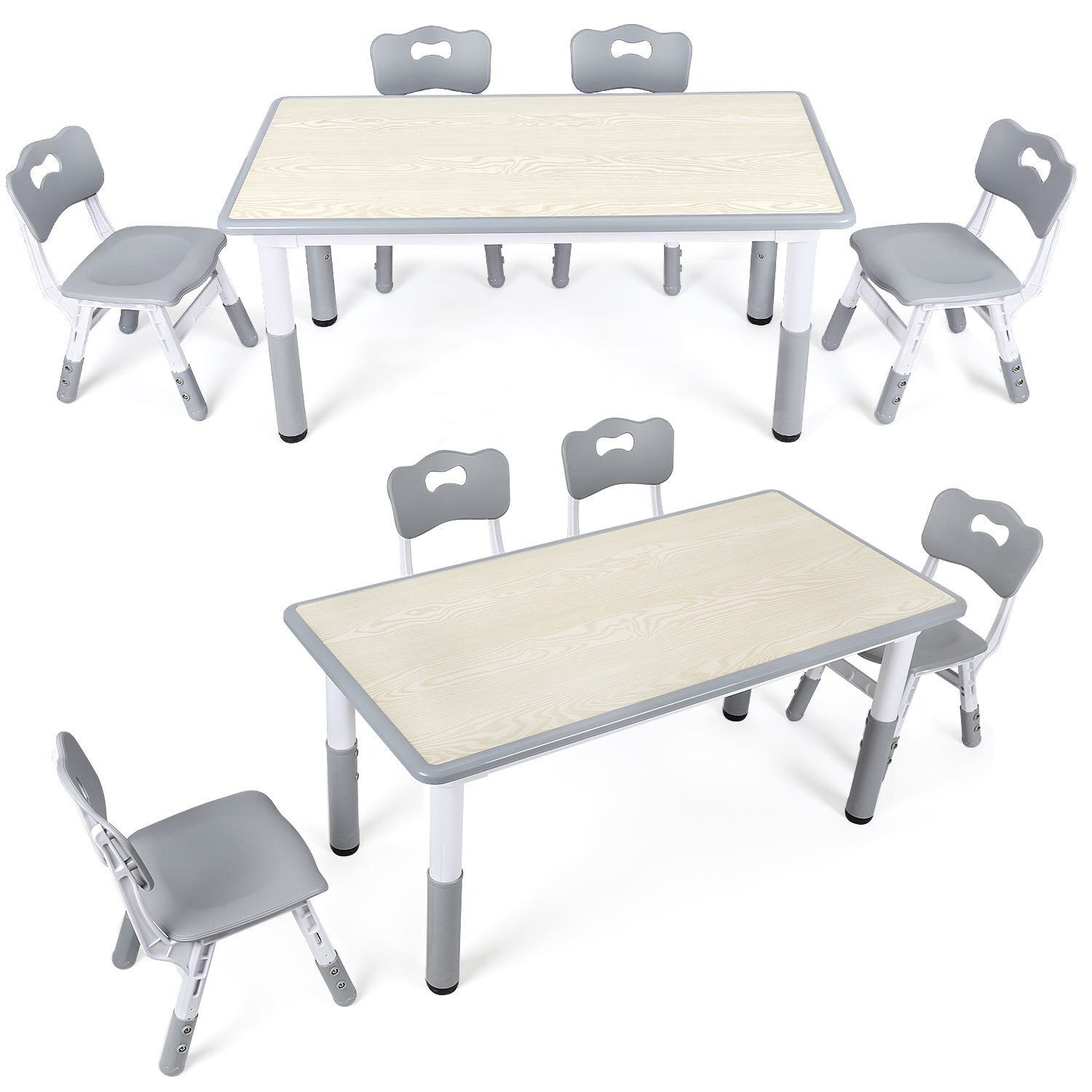 Clanmacy Kindersitzgruppe Kindertisch höhenverstellbar 120x60cm mit 4 Stühlen Maltisch LernTisch, Höhenverstellbar, Rutschfeste Gummifüße, Leicht zu reinigen