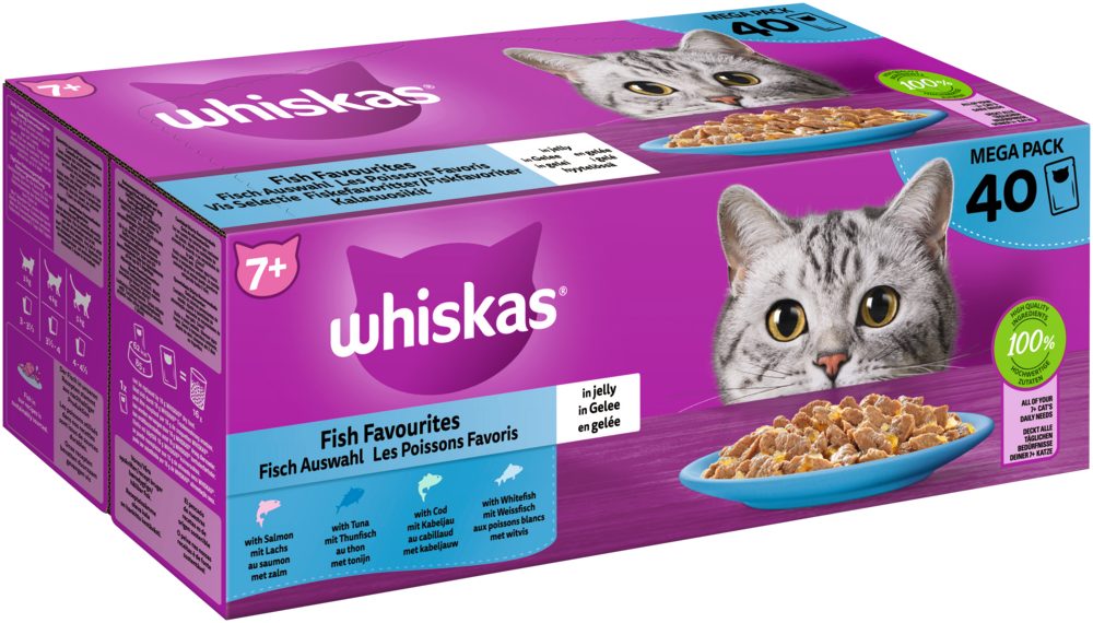 Whiskas WHISKAS® Portionsbeutel Multipack 7+ Fisch Auswahl in Gelee 40 x 85g, Nassfutter für: Katze