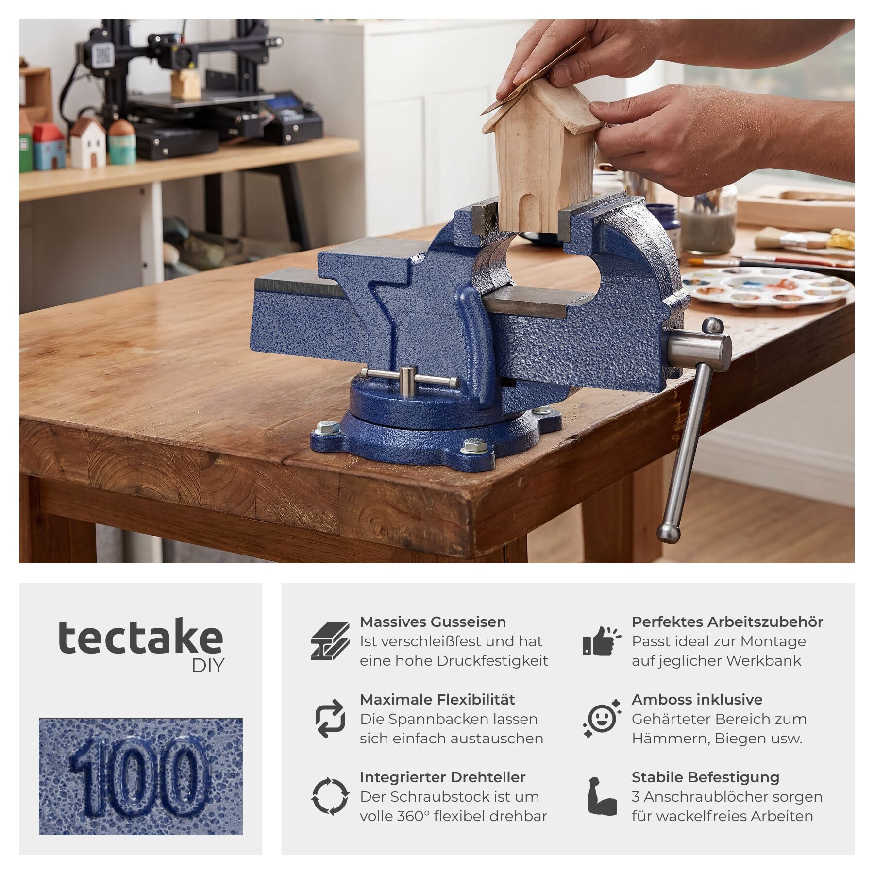 tectake Schraubstock Spannstock aus Gusseisen mit Amboss, 360° drehbar, 3 Anschraublöcher, Werkbankspanner, in blau, 2 Arretierungsschrauben und austauschbare S – Bild 2 von 5