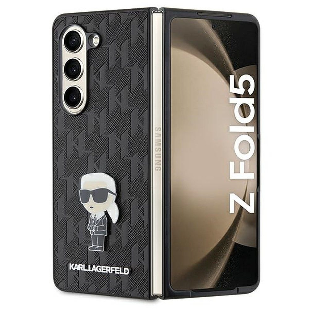 KARL LAGERFELD Handyhülle Schutzhülle Designerhülle Handyschale, Kunstleder, Ikonik-Pin, Monogramm, erhöhte Kanten