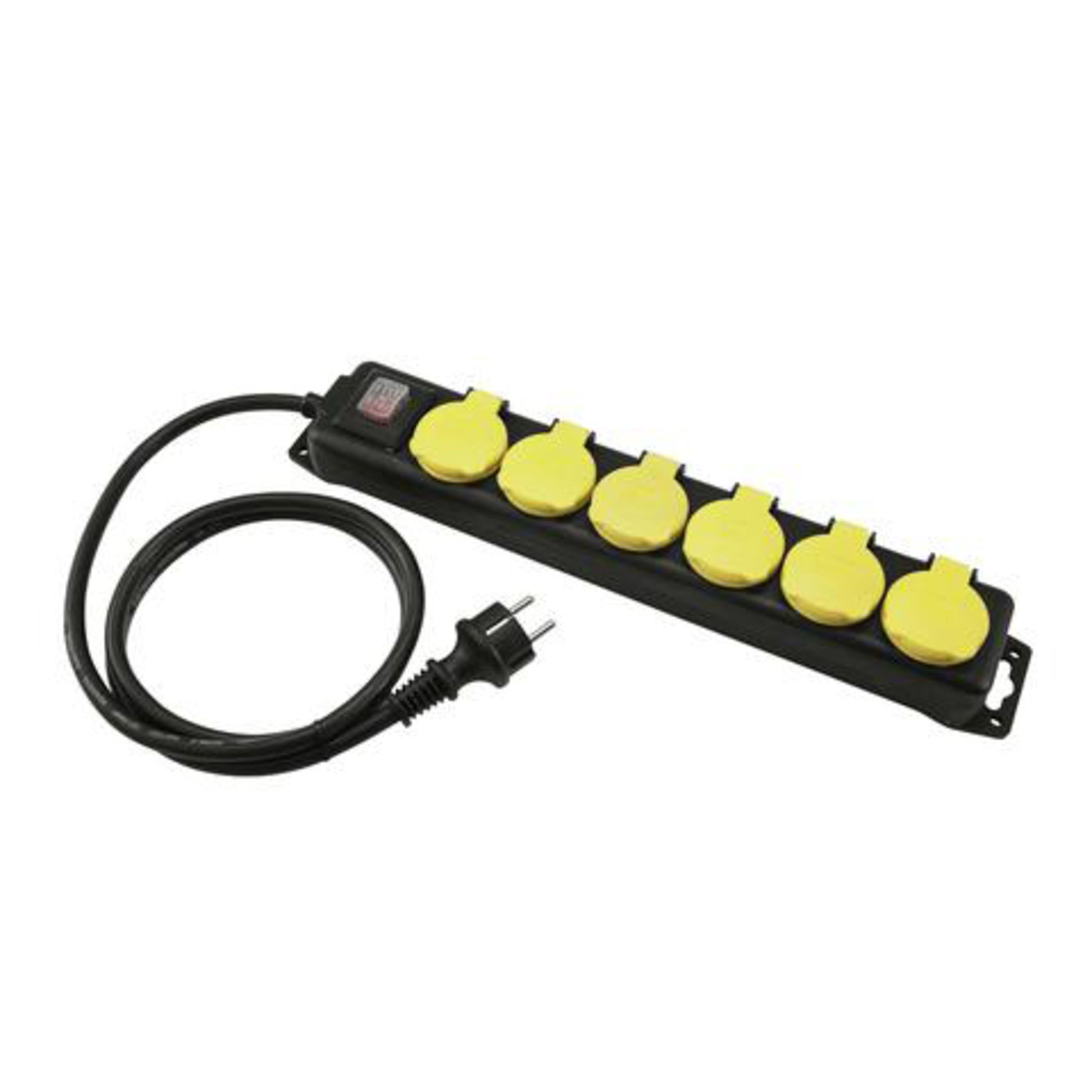 EUROLITE Steckdosenleiste (MS-ID, Nein; Kabel Querschnitt (mm), 3 x 1,5, 6; Kabellänge Range (m), LIG0012724-000; Hersteller, Nein; Schraub-Sicherung, 0; max. Last / Kanal (Ampère), 16; Sicherungsautomat, EUROLITE; Anschluss, Schuko; Einbaubuchse, Schukostecker; Ausgang, 0 - 5; Anzahl Sicherungen, Nein; Anzahl Ausgang 1), Steckdosenleiste 6-fach IP44 schwarz/gelb - Mehrfachsteckdosenleiste