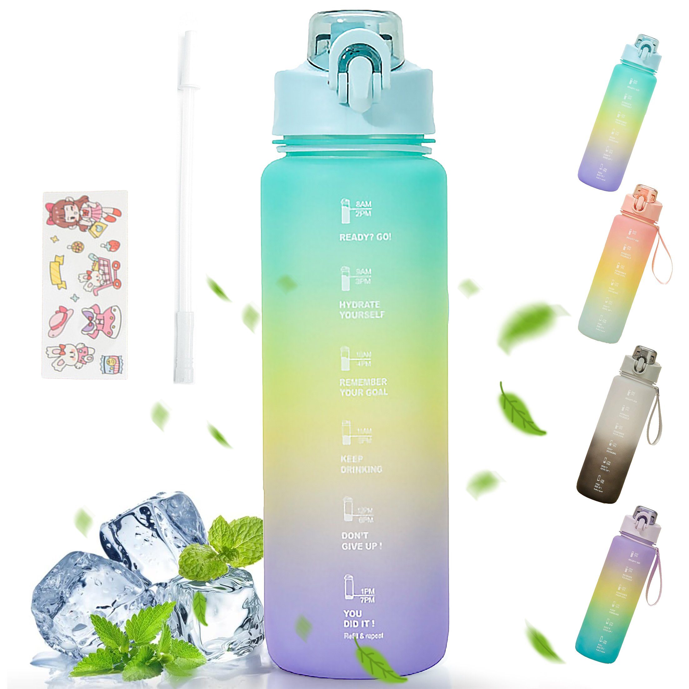 Zeitstempel Trinkflasche Auslaufsicher, mit Wasserflasche Trinkflasche, Wasserflasche, Sportflasche, Trinkflasche LeiGo 1000ML Farbverlauf Strohhalm und mit Blauer