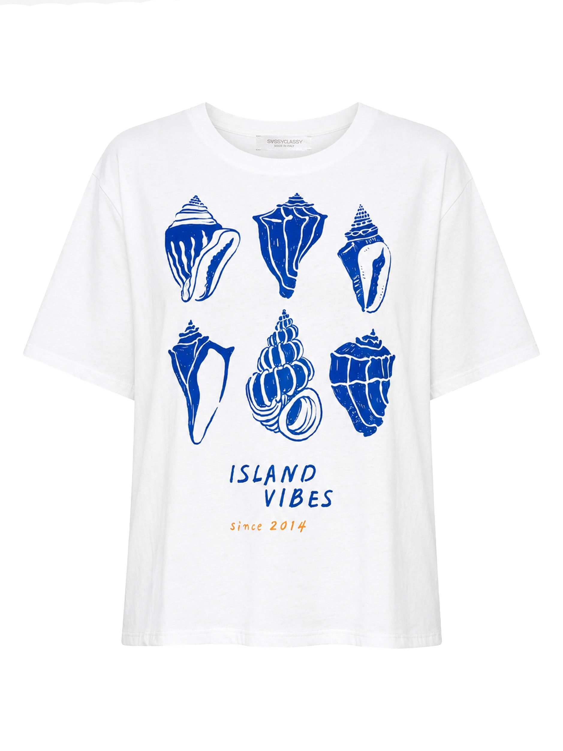 SASSYCLASSY T-Shirt Oversize T-Shirt mit Muschelprint für Damen Sommerliches Shirt mit Rundhalsausschnitt und lockerem Schnitt Weiß