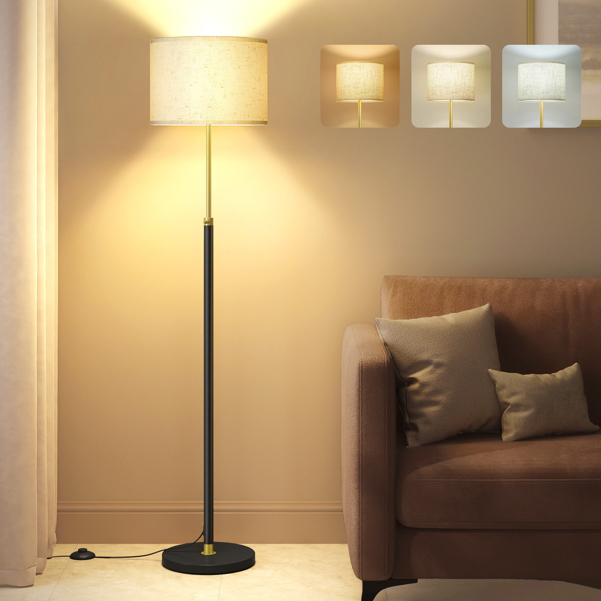 VASAGLE Stehlampe höhenverstellbare Leselampe, 140-170 cm hoch, mit 3 Lichtfarben, Fußtaster, Lampenschirm aus Stoff