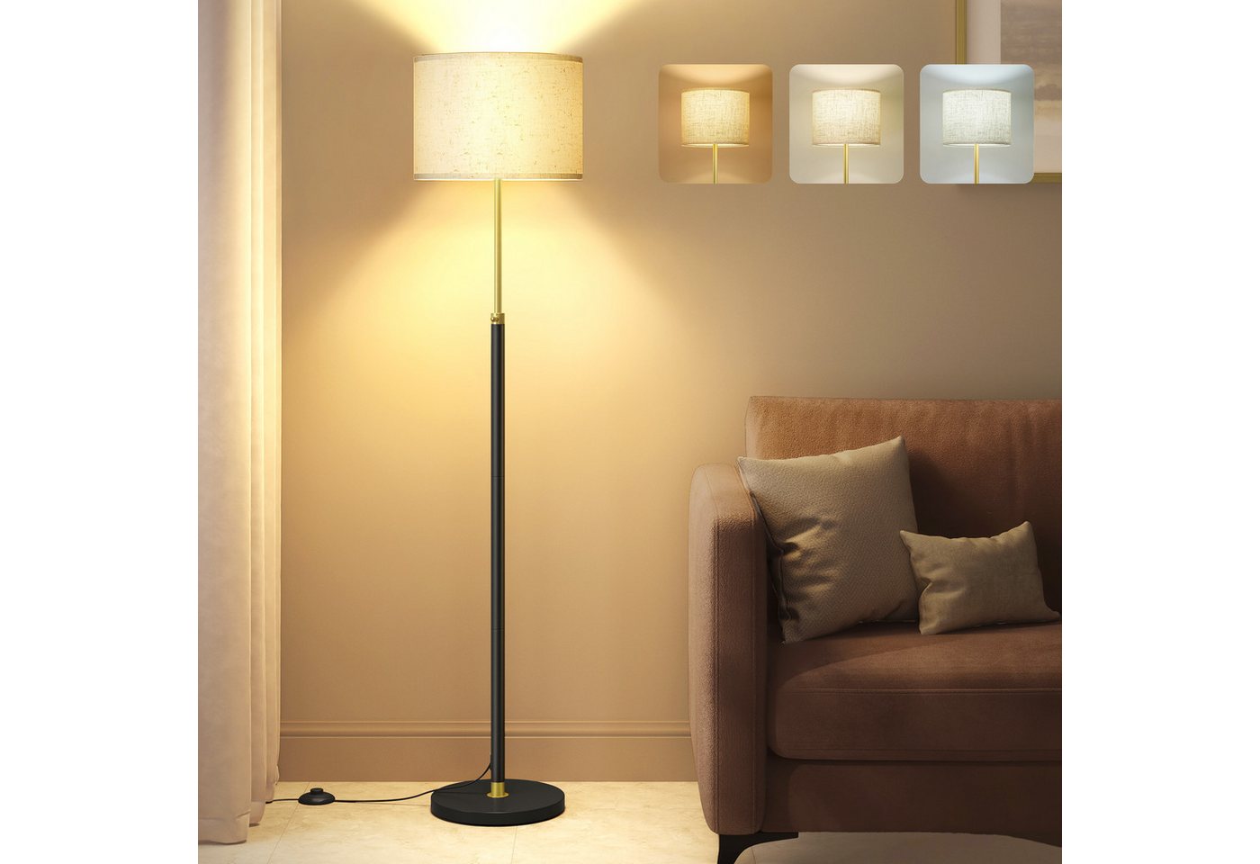 VASAGLE Stehlampe höhenverstellbare Leselampe, 140-170 cm hoch, mit 3 Lichtfarben, Fußtaster, Lampenschirm aus Stoff