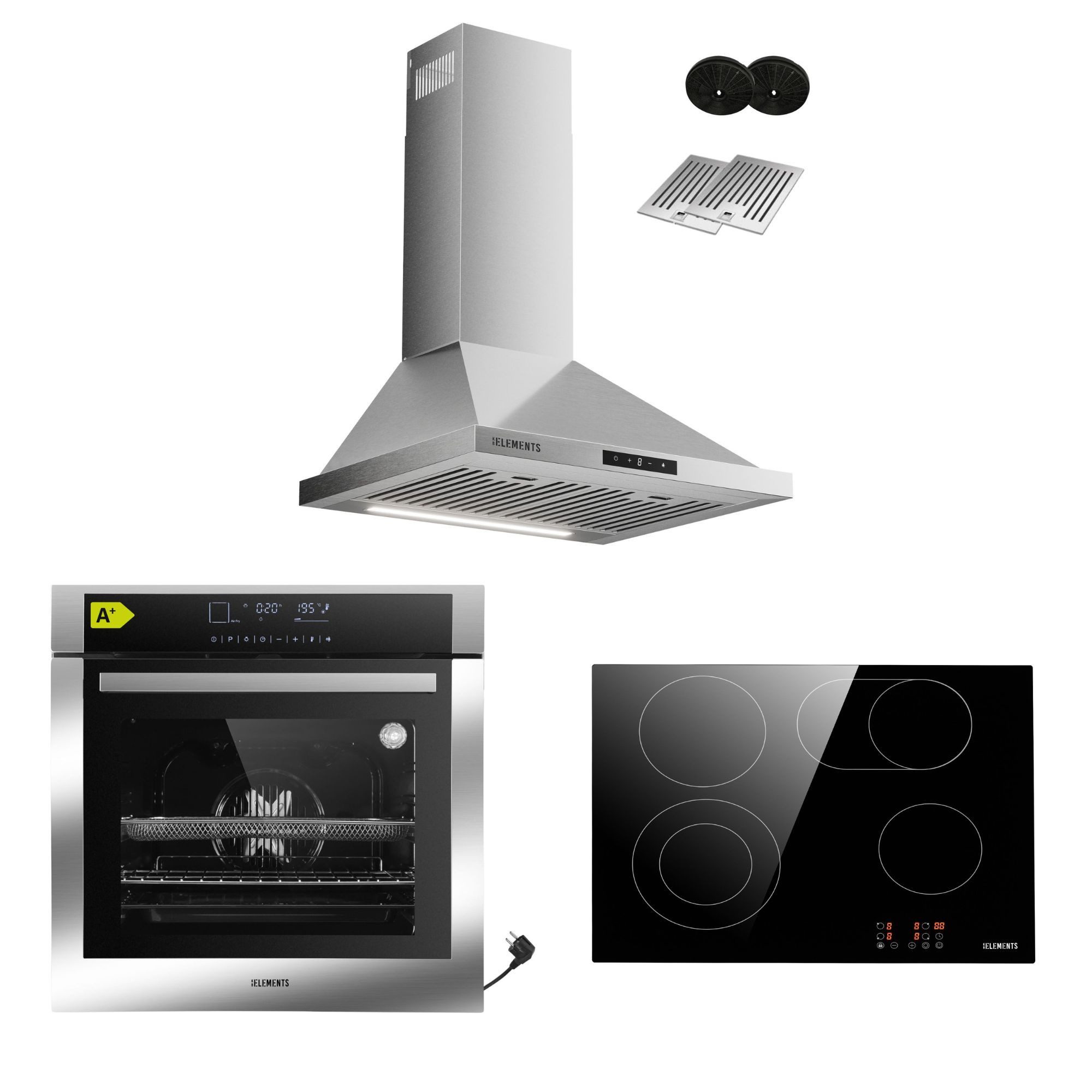 KB Elements Backofen-Set Einbaubackofen 60 cm mit 4-Zonen Glaskeramik Kochfeld 60 cm, mit 2-fach-Teleskopauszug, AQUA CLEAN, Einbaubackofen Full Touch mit 15 Funktionen, Air Fry Funktion