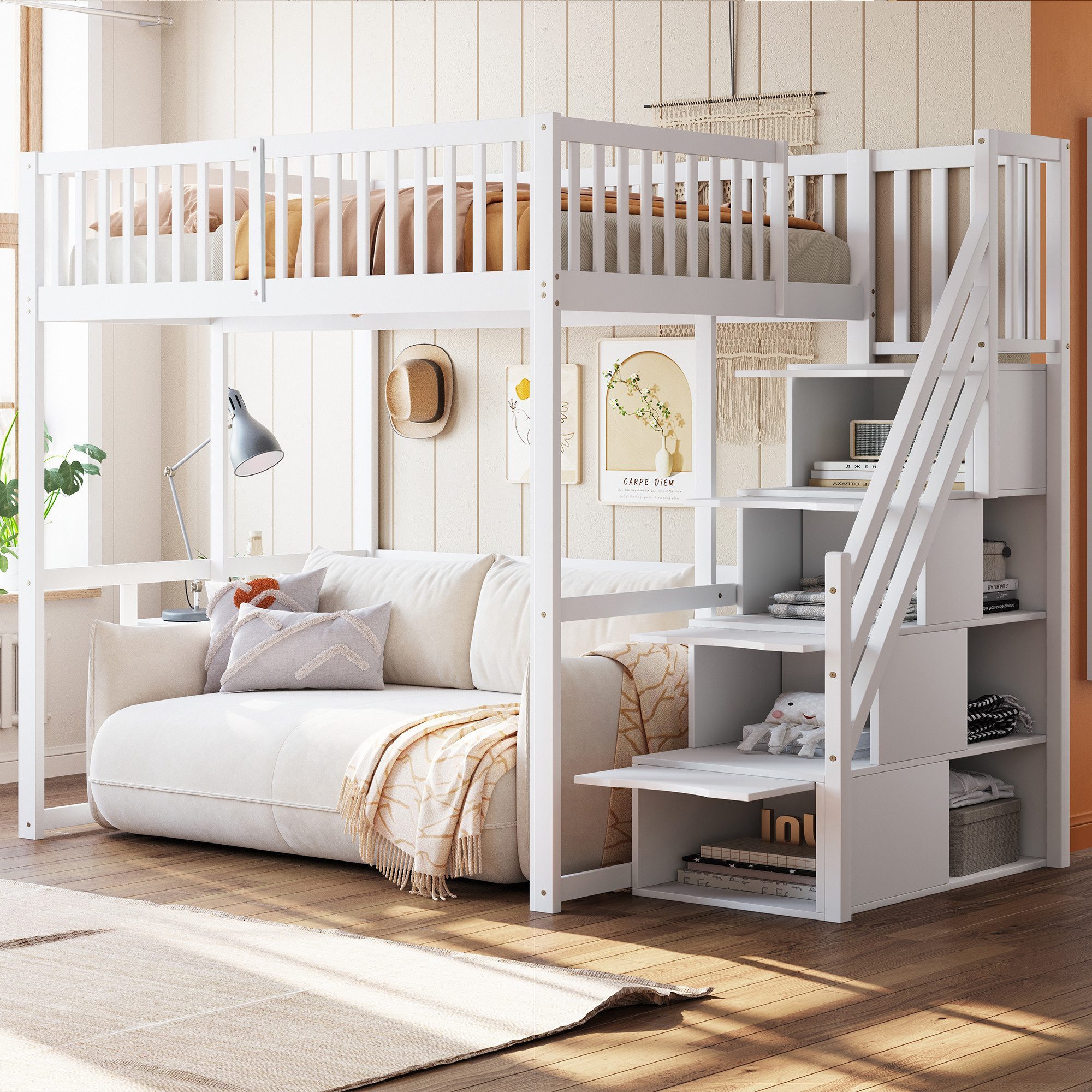 Odikalo Hochbett Hochbett mit Stauraum & Treppe, Weißes Holzbett aus Massiver Kiefer (Hochbett 140x200 / 90x200 cm mit Sicherheitsaufbewahrungsleiter, Sicherheitsumrandung, Bettgestell aus massiver Kiefer, Geeignet für Kinder, Jugendliche und Erwachsene) mit Absturzsicherung, Jugendbett mit Sofa-Freiraum