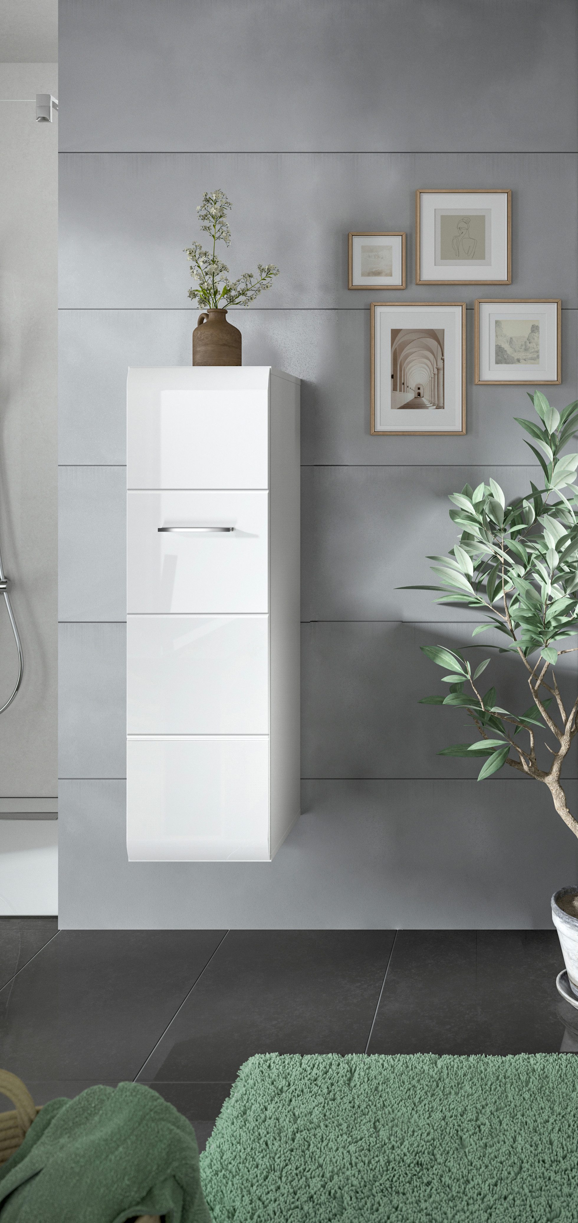 welltime Stauraumschrank FLORENZ, Höhe 106 cm, 1 Tür, 4 Fächer, stehend & hängend montierbar (1-St., TOPSELLER) Türanschlag wechselbar, hochwertige MDF Front, B – Bild 2 von 5