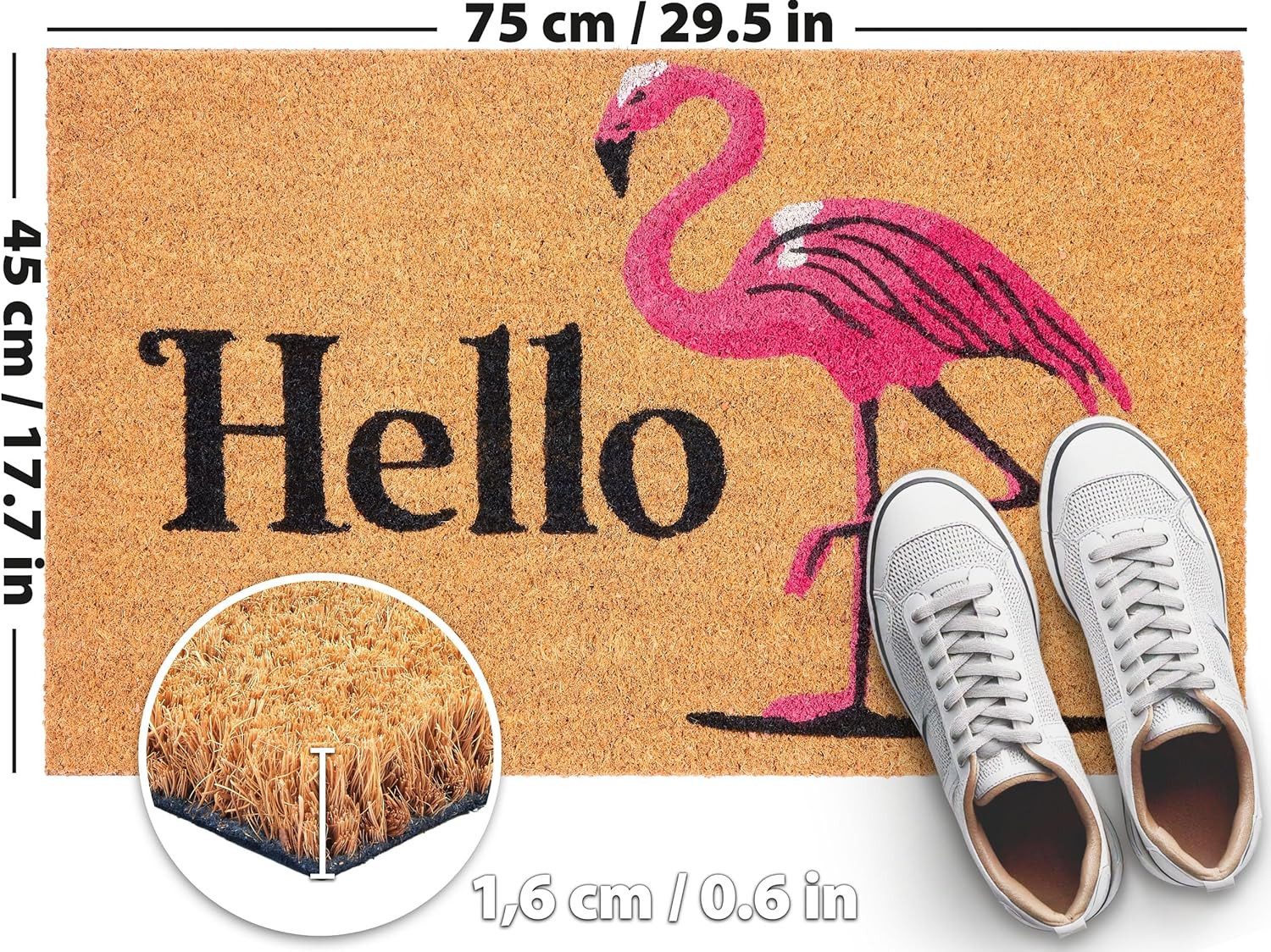 BRUBAKER Fußmatte 45 x 75 cm - Hello Flamingo - Schmutzfangmatte - Braun und Pink, Rechteckig, Höhe: 15 mm, Fußmatte für Außen und Innen - Wetterfest und Rutschfest