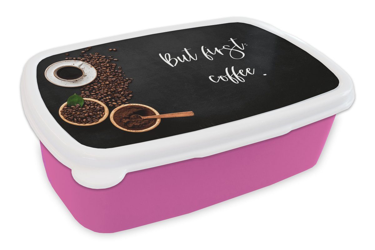 MuchoWow Lunchbox Zitate - Kaffee - Sprichwörter - Aber erst der Kaffee, Kunststoff, (2-tlg), Brotbox für Erwachsene, Brotdose Kinder, Snackbox, Mädchen, Kunststoff rosa