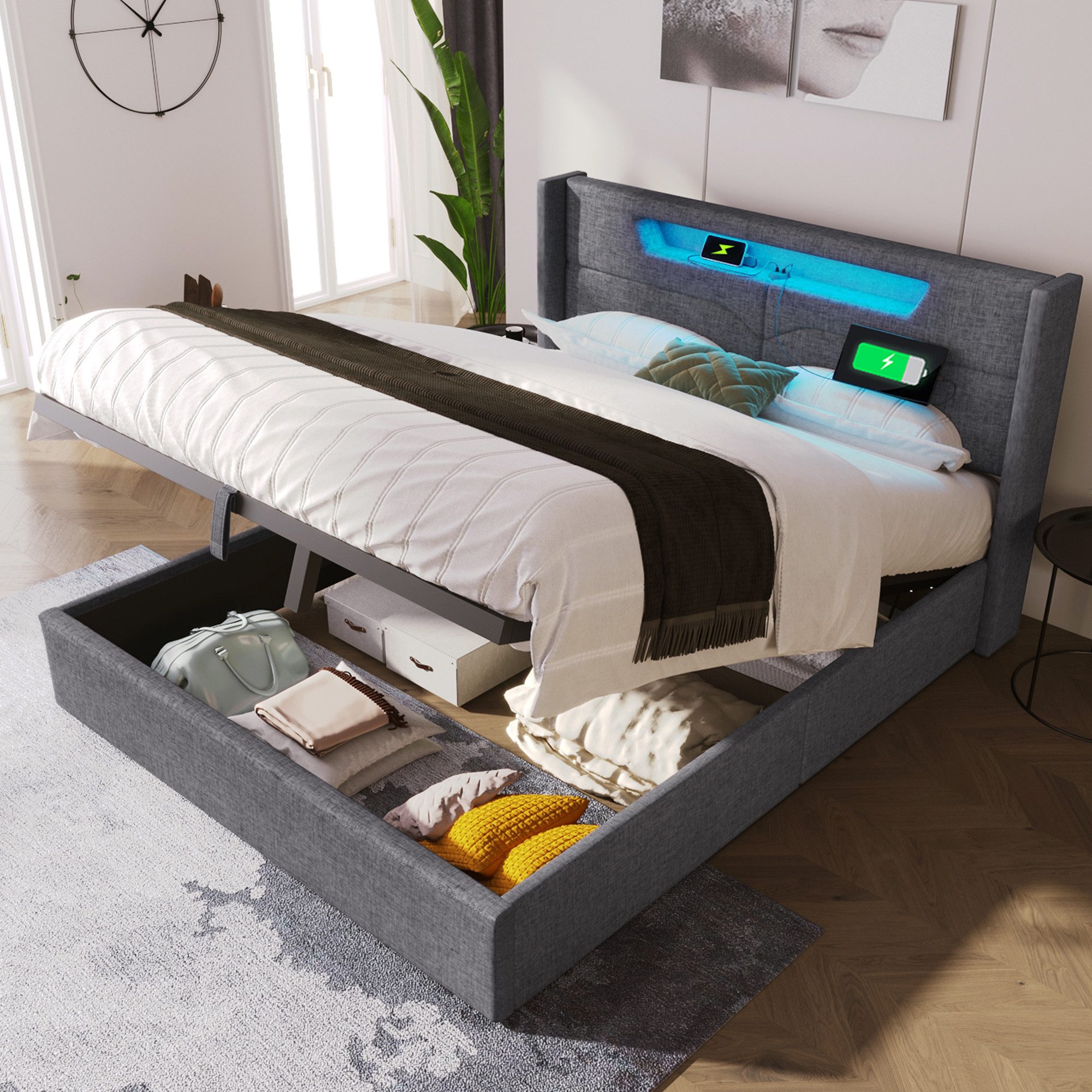REDOM Polsterbett LED Doppelbett mit USB Typ C Ladefunktion, 140 x 200 cm,Inklusive Matratze