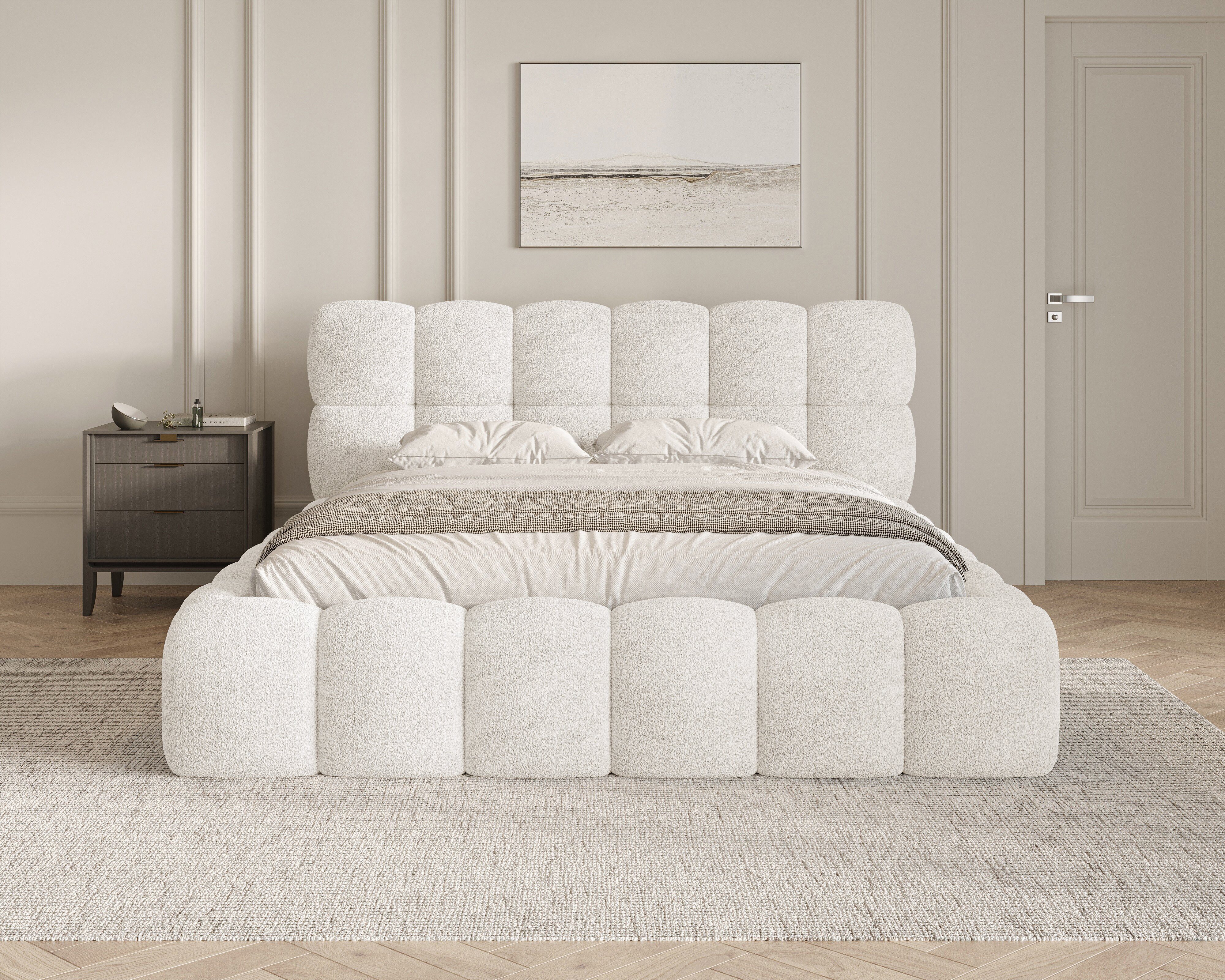MOEBLO Polsterbett Bubble aus Bouclé 19 (Polsterbett Bubble boucle mit Bettkasten und Lattenrost Wolkenbett Cloud - Polsterbett 180), Maße (BxHxT): 163/183/203 x 100 x 220 cm