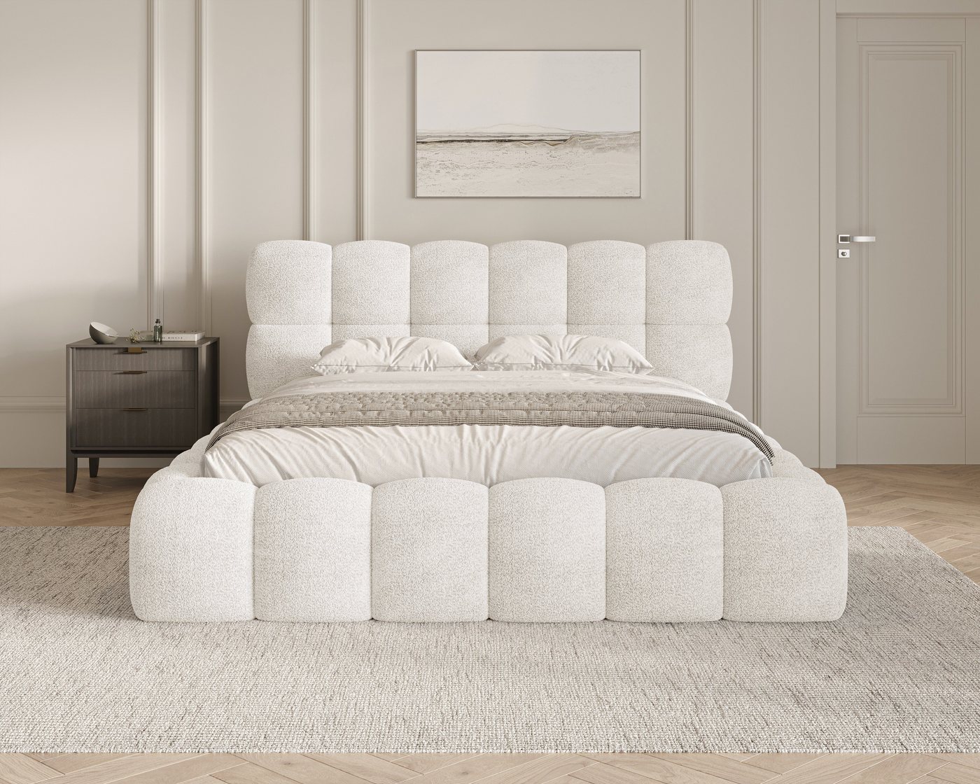 MOEBLO Polsterbett Bubble aus Bouclé 19 (Polsterbett Bubble boucle mit Bettkasten und Lattenrost Wolkenbett Cloud - Polsterbett 140), Maße (BxHxT): 163/183/203 x 100 x 220 cm
