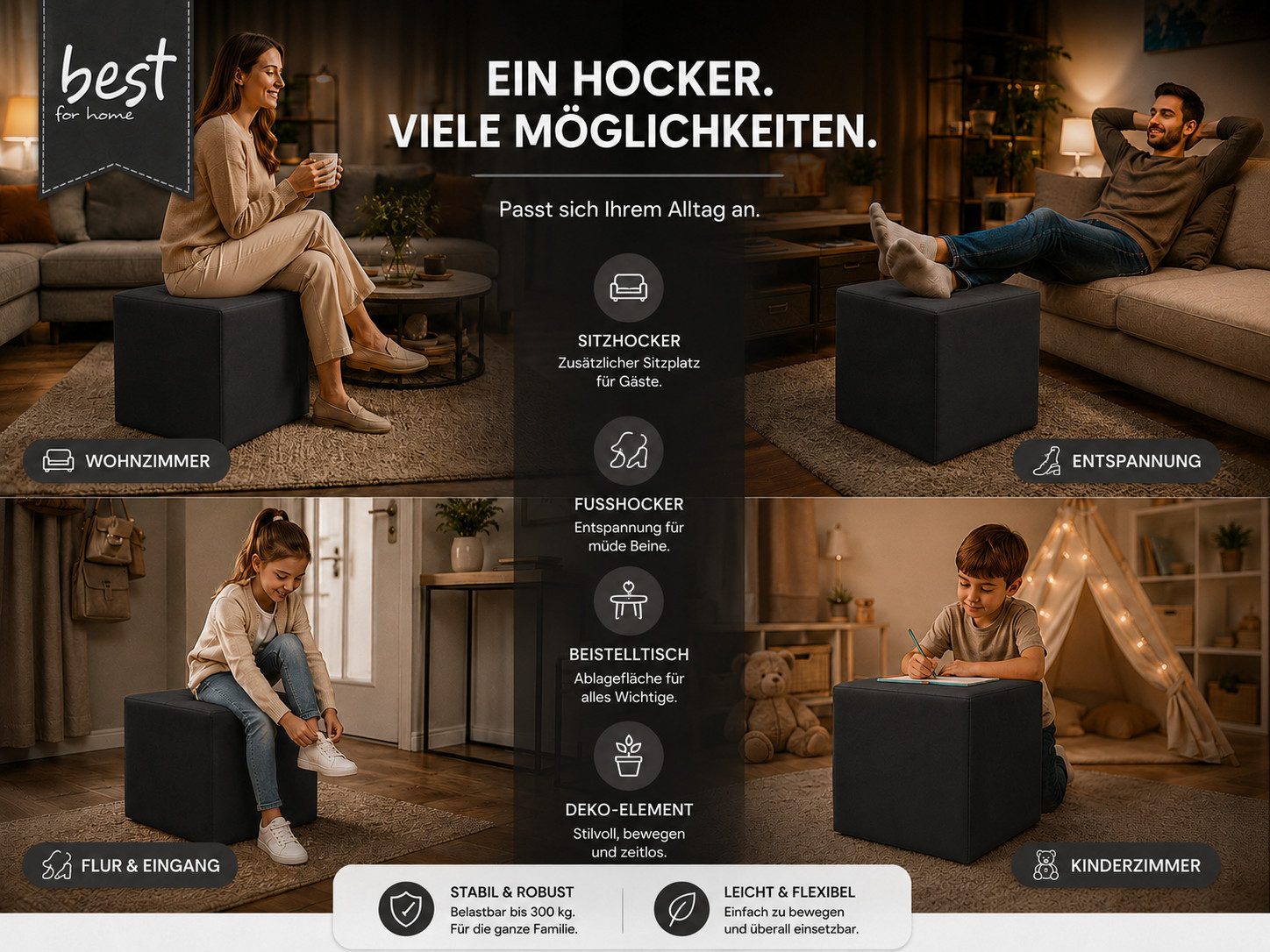 Best for Home Sitzhocker Sitzwürfel 40x40x40 cm – Multifunktionaler Sitzhocker & Fußhocker (Einzelstück, 1 St., verschiedene Farben), Handwerksqualität, pflegeleicht, modernes Design