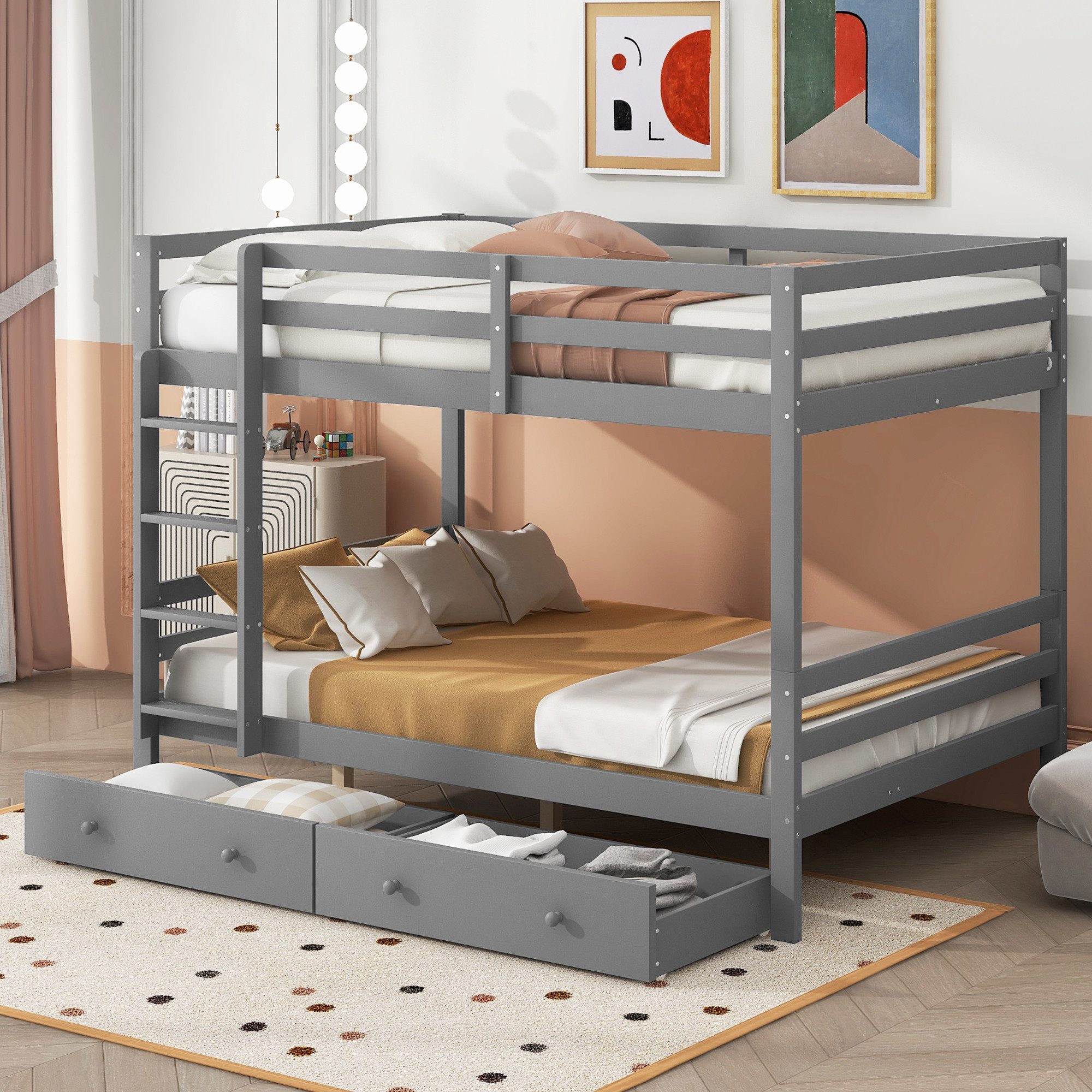 OKWISH Etagenbett Jugendbett ohne Matratze – für mehr Ordnung im Zimmer (Jugendbett, Stockbett, mit Schubladen, großem Stauraum, 1-St., Modernes Etagenbett 140x200 cm in Grau), Mit integrierten Schubladen für großzügigen Stauraum