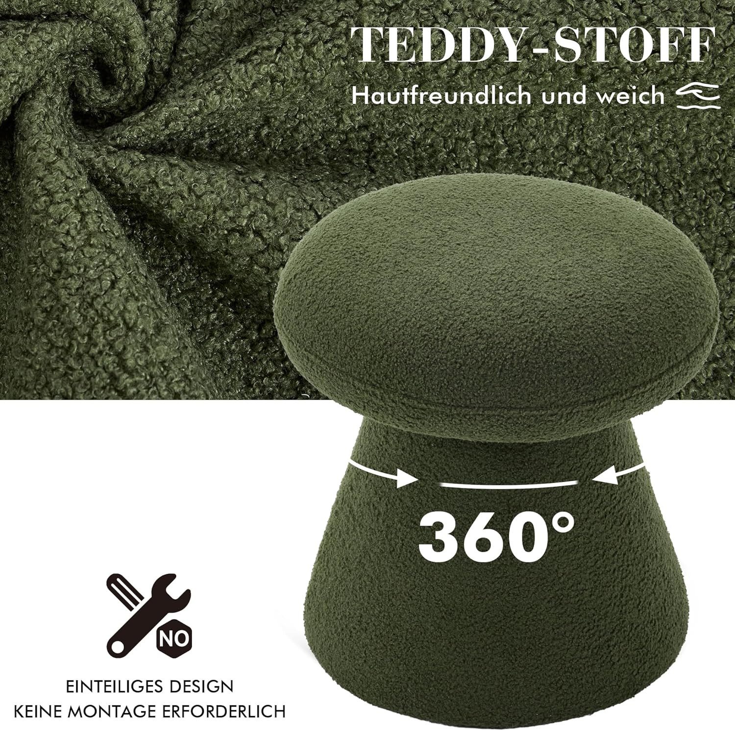 DEKKETO Hocker 360° Drehbarer Teddy-Pilz-Hocker als Schminktischhocker & Fußhocker (1 St), Bequemer Polsterhocker für Schlafzimmer, Ankleidezimmer & Wohnzimmer – Bild 4 von 5