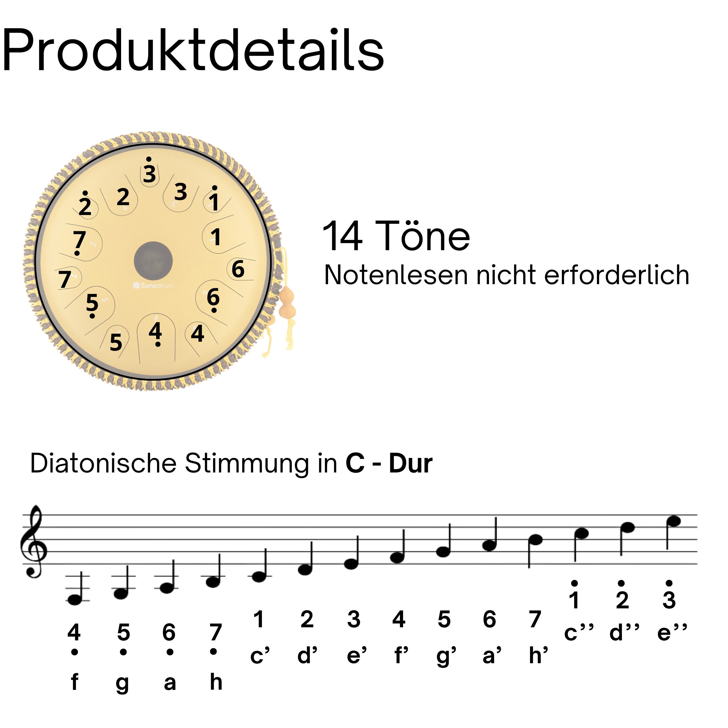 Sonodrum Steel Tongue Drum "Exclusive", C-Dur, 38 cm, 14 Zungen inkl. Liederbuch und Tragetasche