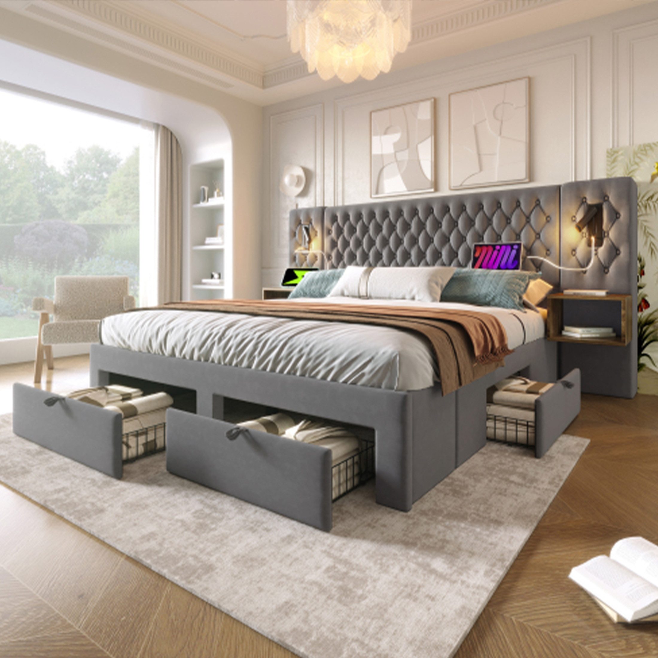 Luckice Polsterbett Doppelbett 180×200cm mit 2 Nachttischen und 4 Schubladen (Bettanlage Schlafzimmer Komplett Set, Kopfteil Leselicht mit USB Ladefunktion), Grau, Samt (Ohne Matratze)