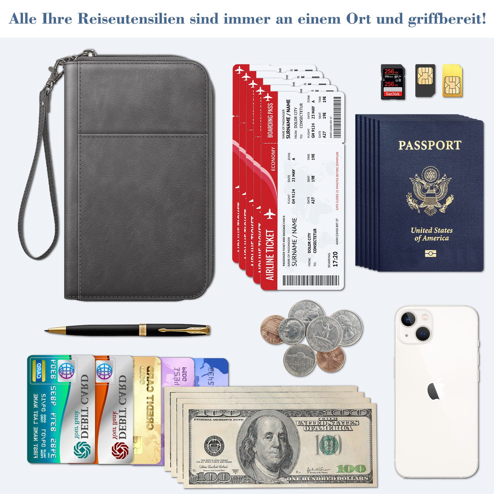 Fintie Geldbörse Reisepass Tasche Familie Reiseorganizer, Wasserdicht Reisepasshülle, Ausweistasche Dokumentee mit RFID Blockier für Damen und Herren