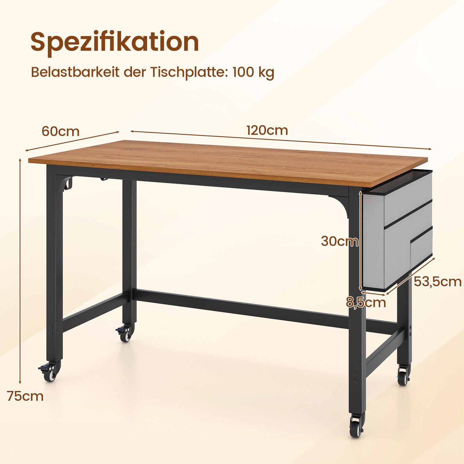 COSTWAY Computertisch, mit abnehmbarer Stofftasche & Kopfhörerhaken, rollbar