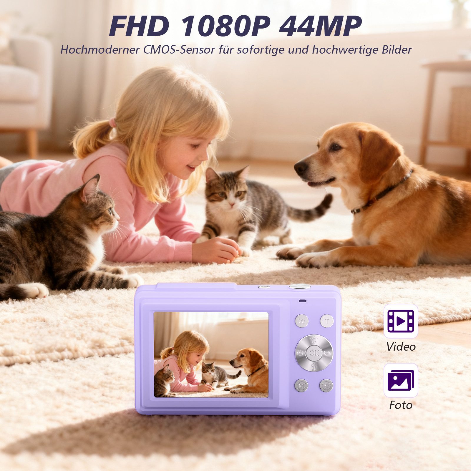 AKKEE Digitalkamera 1080P 44MP Kompaktkamera mit 32G Karte 16X Digitalzoom Kompaktkamera (44 MP, Anti-Shake, Serienaufnahmen, Timer-Aufnahme, Gesichtserkennung)