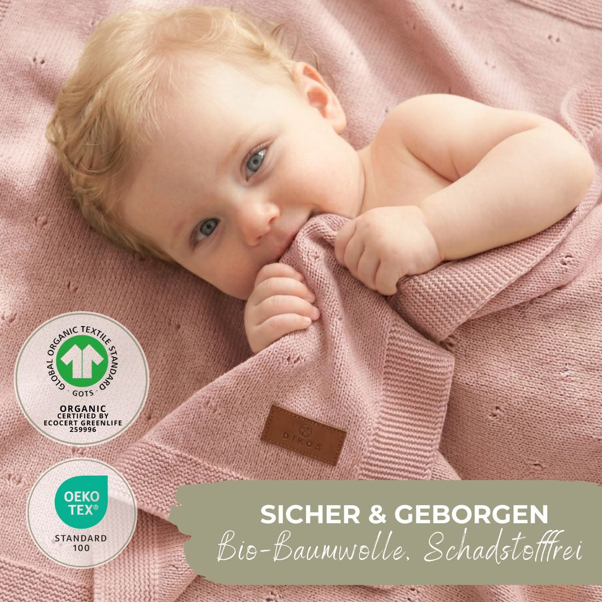 Babydecke DIKOS® aus *100%* Bio Baumwolle, Strickdecke, Geschenk zur Geburt, DIKOS, PREMIUM Qualität, Sommerdecke Ajour, 75x100, atmungsaktiv, weich – Bild 5 von 5