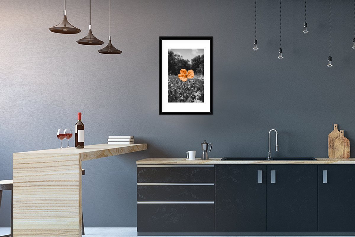 Poster, (1 Gerahmtes MuchoWow - - Orange, St), Kunstdruck, Poster Blumen Weiß Schwarz mit Schwarzem Rahmen, - Bilderrahmen