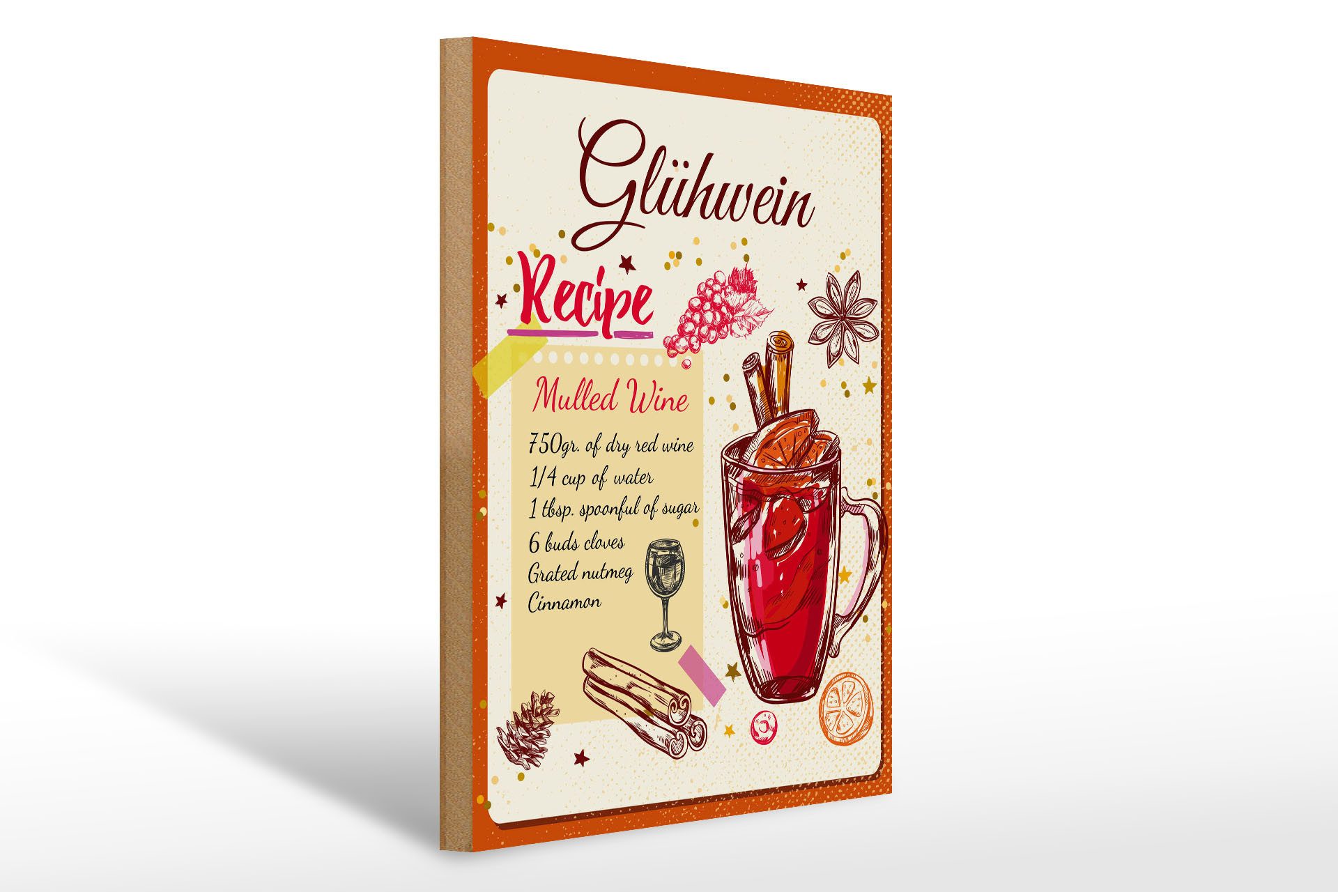 Holzbild Rezept Glühwein Recipe Mulled Wine 30x40cm