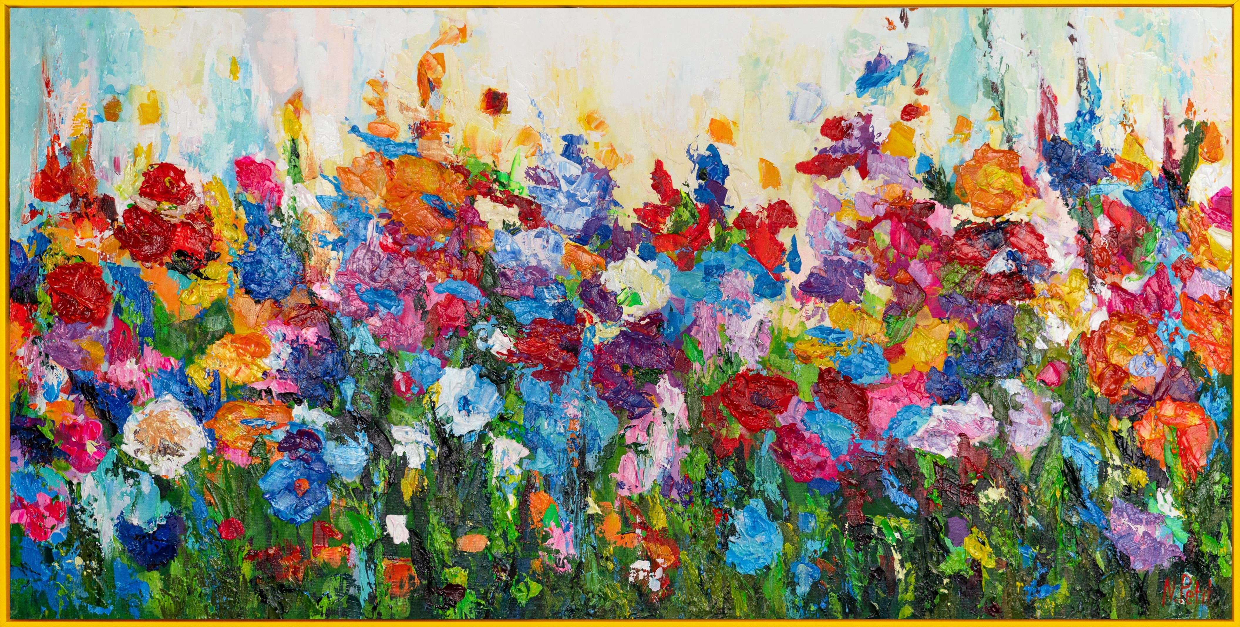 YS-Art Gemälde Blumige Farben, Blumen Mit Rahmen in Gelb