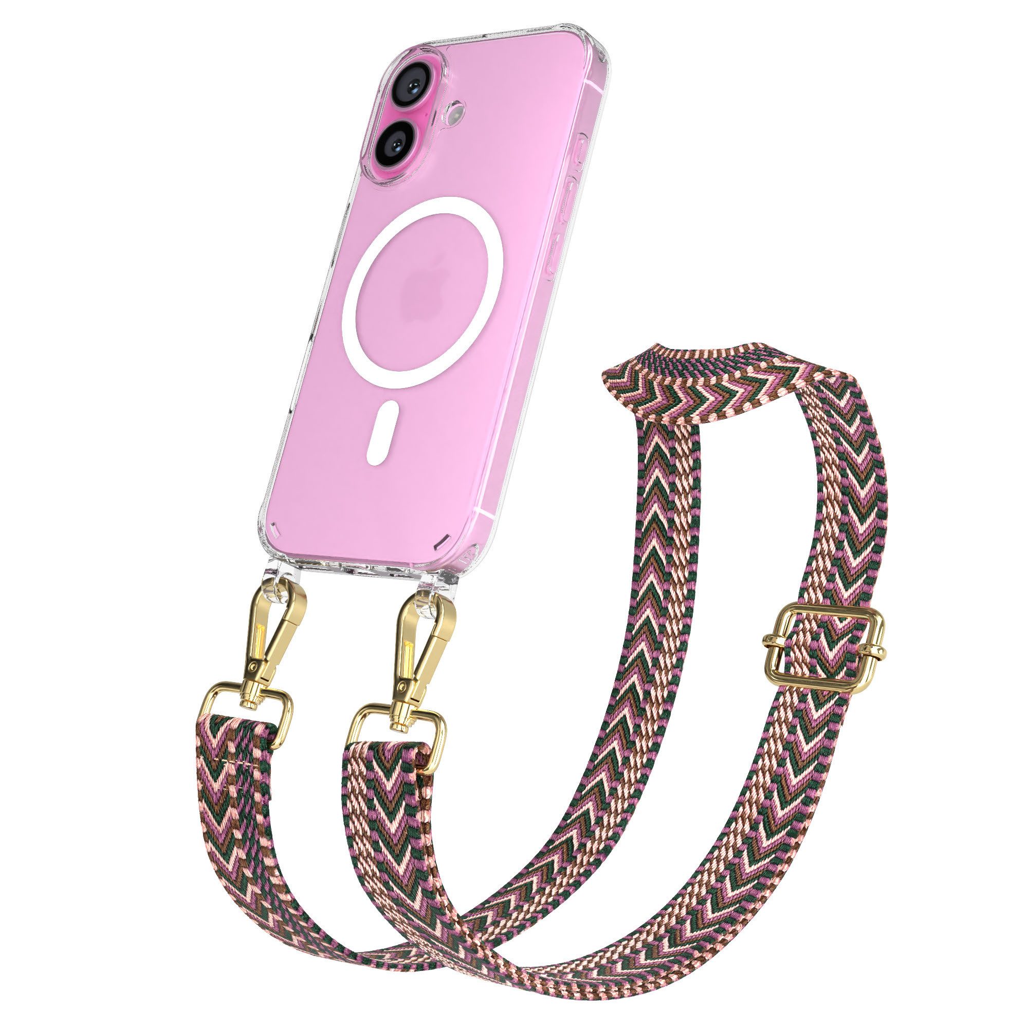 EAZY CASE Handykette Umhängeband MagSafe Hülle für Apple iPhone 16 6,1 Zoll, Durchsichtige Hülle MagSafe mit Riemen Phone Karabiner Halskette Lila