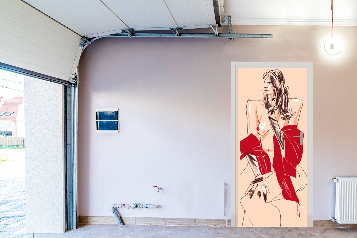 MuchoWow Türtapete Frau Pastell - Türaufkleber, 75x205 St), Fototapete Porträt - bedruckt, - für Rot, (1 Tür, cm Matt