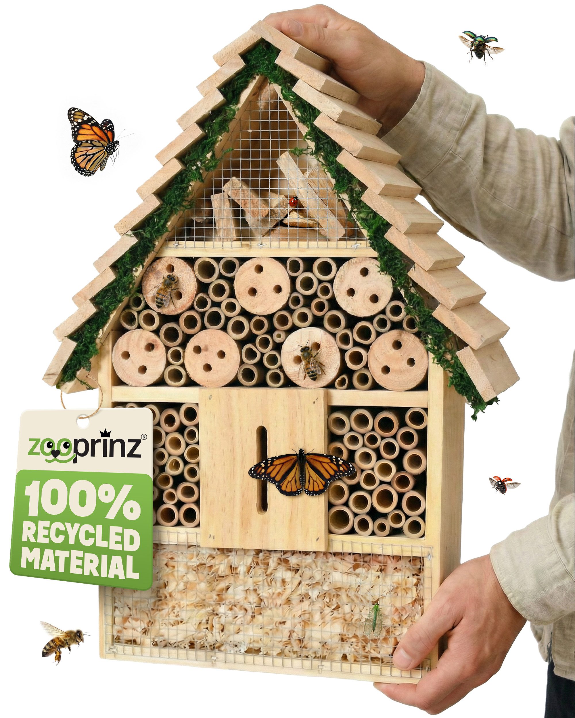 Zooprinz Insektenhotel Insektenhaus zum Aufhängen XXL Vollholz mit Dekoration, Bambus, inkl. Aufhängung, Schutzgitter, Holzspäne, Holz mit Löchern