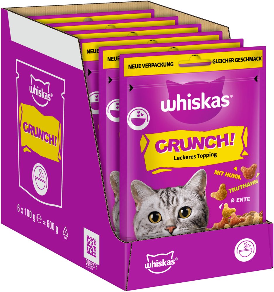 Whiskas WHISKAS® CRUNCH Portionsbeutel mit Huhn, Truthahn und Ente 6 x 100g, Nassfutter für: Katze
