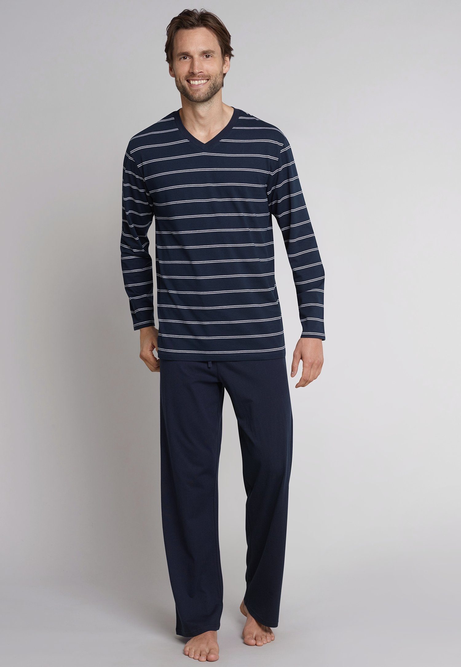 Schiesser Pyjama Schlafanzug lang navy mit Unterteil weißen navy feinen Streifen 