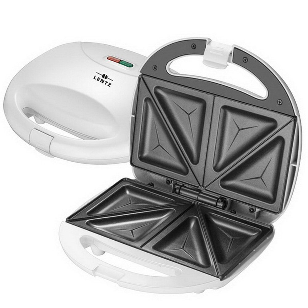 Lentz 4-in-1-Sandwichmaker Toaster, Sandwichtoaster, Toastautomat, Sandwichautomat, Sandwichmaker, 750 W, wärmeisolierte Griffe mit Verriegelungssystem, vertikale Lagerung Weiß