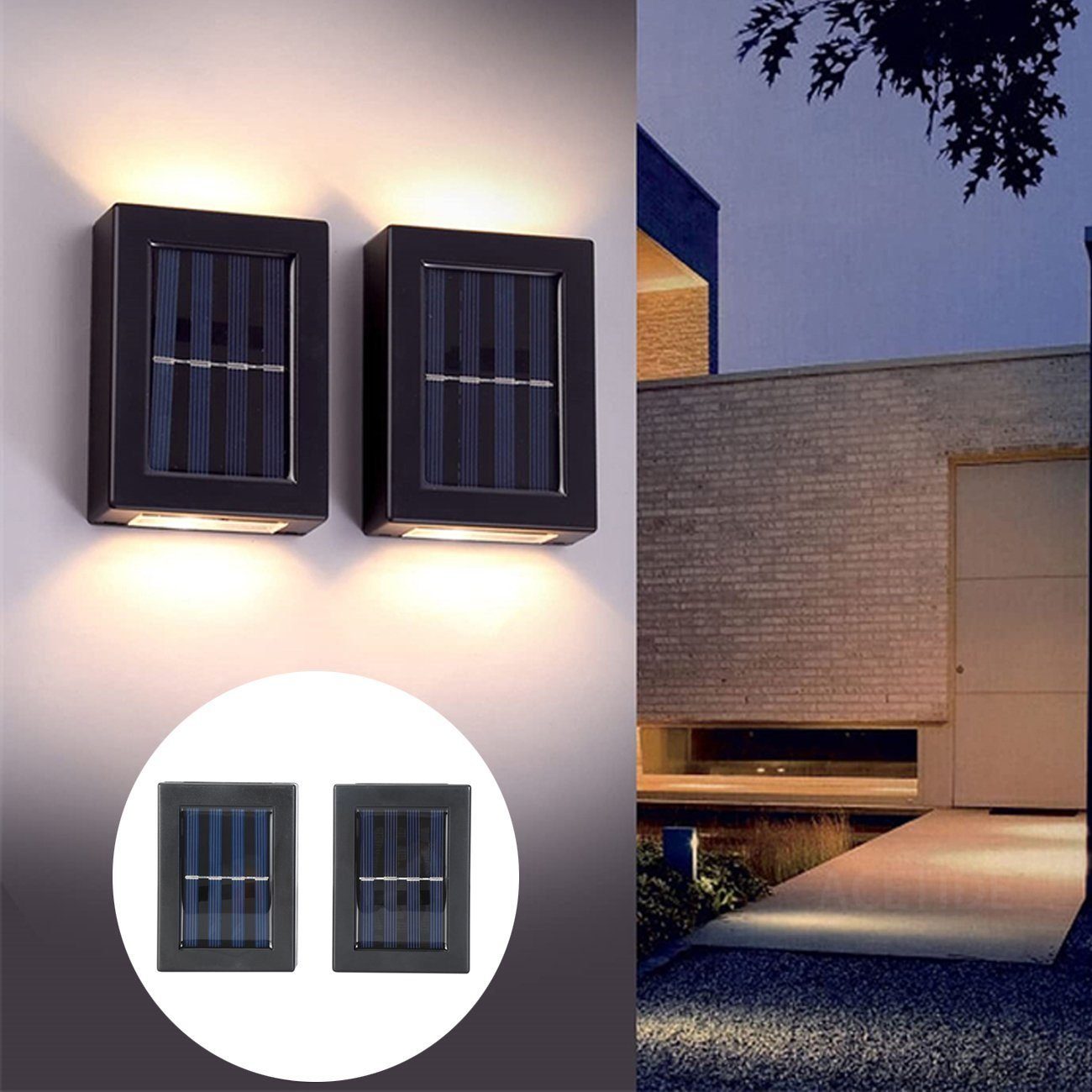 oyajia LED Solarleuchte 2/4 Stück, LED Solarlampe Beleuchtung LED Solarstrahler Wandleuchte, LED fest integriert, Warmweiß, Wasserdicht IP65 Außenleuchte Gartenlampe Zaunleuchte Wandleuchte 2x LED Solarleuchte