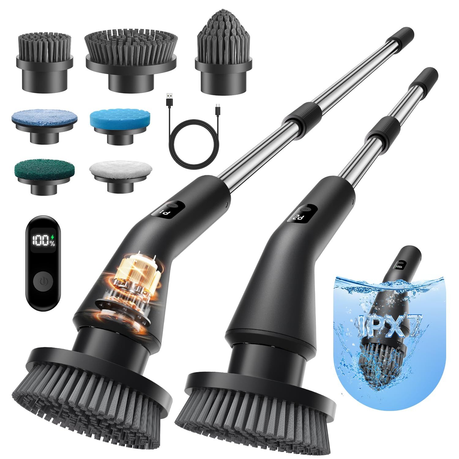 AIBISTAR Elektro-Oberflächenbürste Elektrische Reinigungsbürste, 7 Aufsätze, 2 Stufen, IPX7, Reinigungsbürsten-Set, Teleskopgriff,wasserdicht,Ideal für Bad, Boden, Küche & Auto